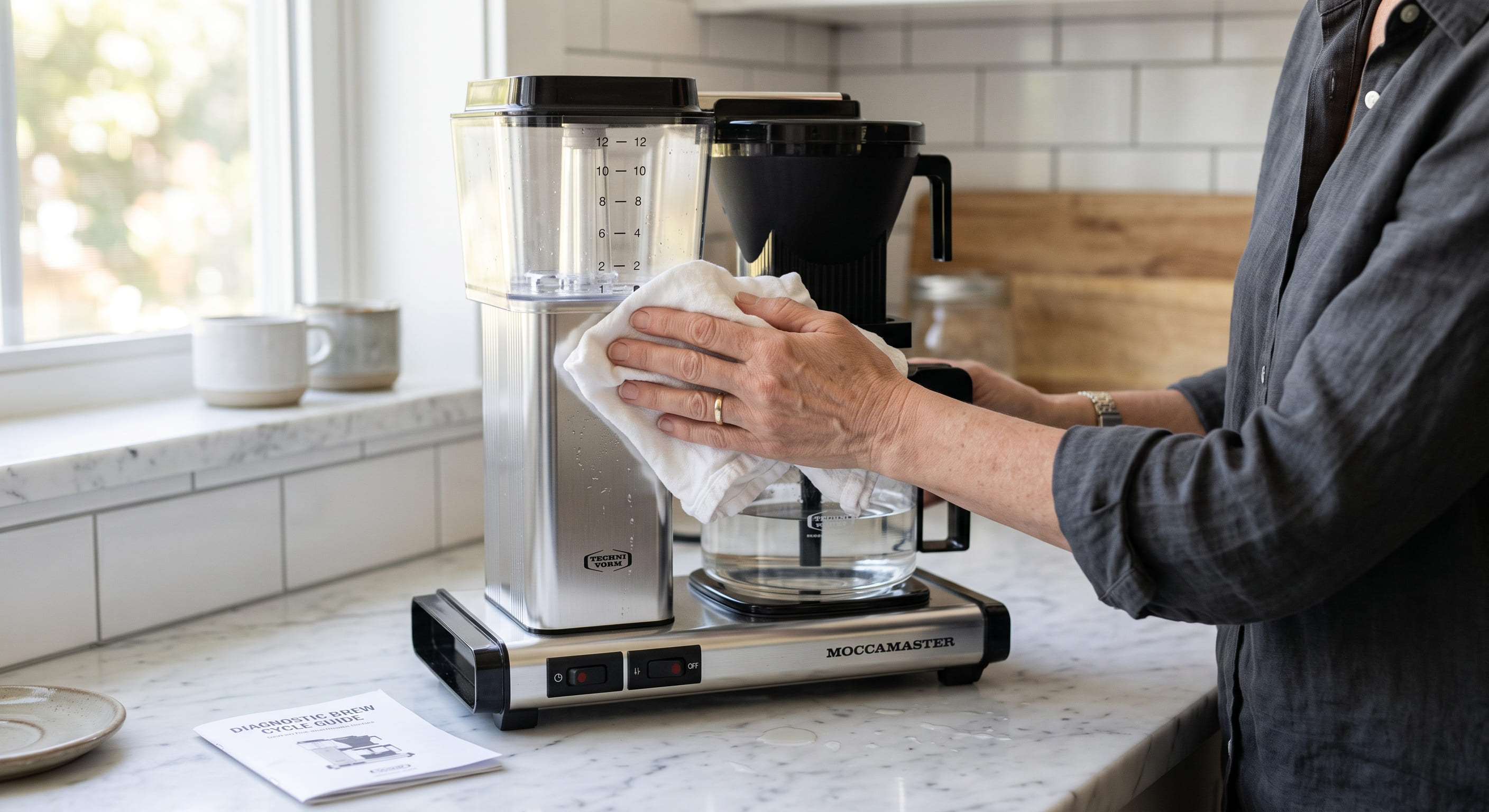 Drip coffee maker on a white counter with a dry towel beneath it and a person observing a plain water brew cycle — diagnostic process for locating where a coffee maker is leaking water