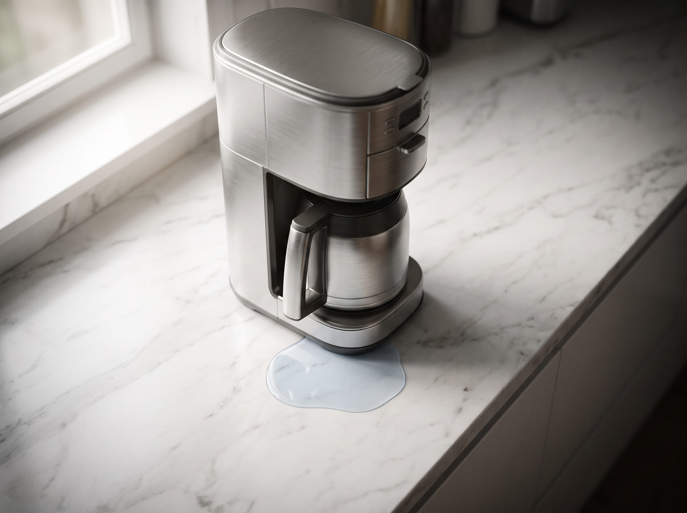 Water pooling beneath a drip coffee maker on a kitchen counter — illustrating a coffee maker leaking water from the bottom