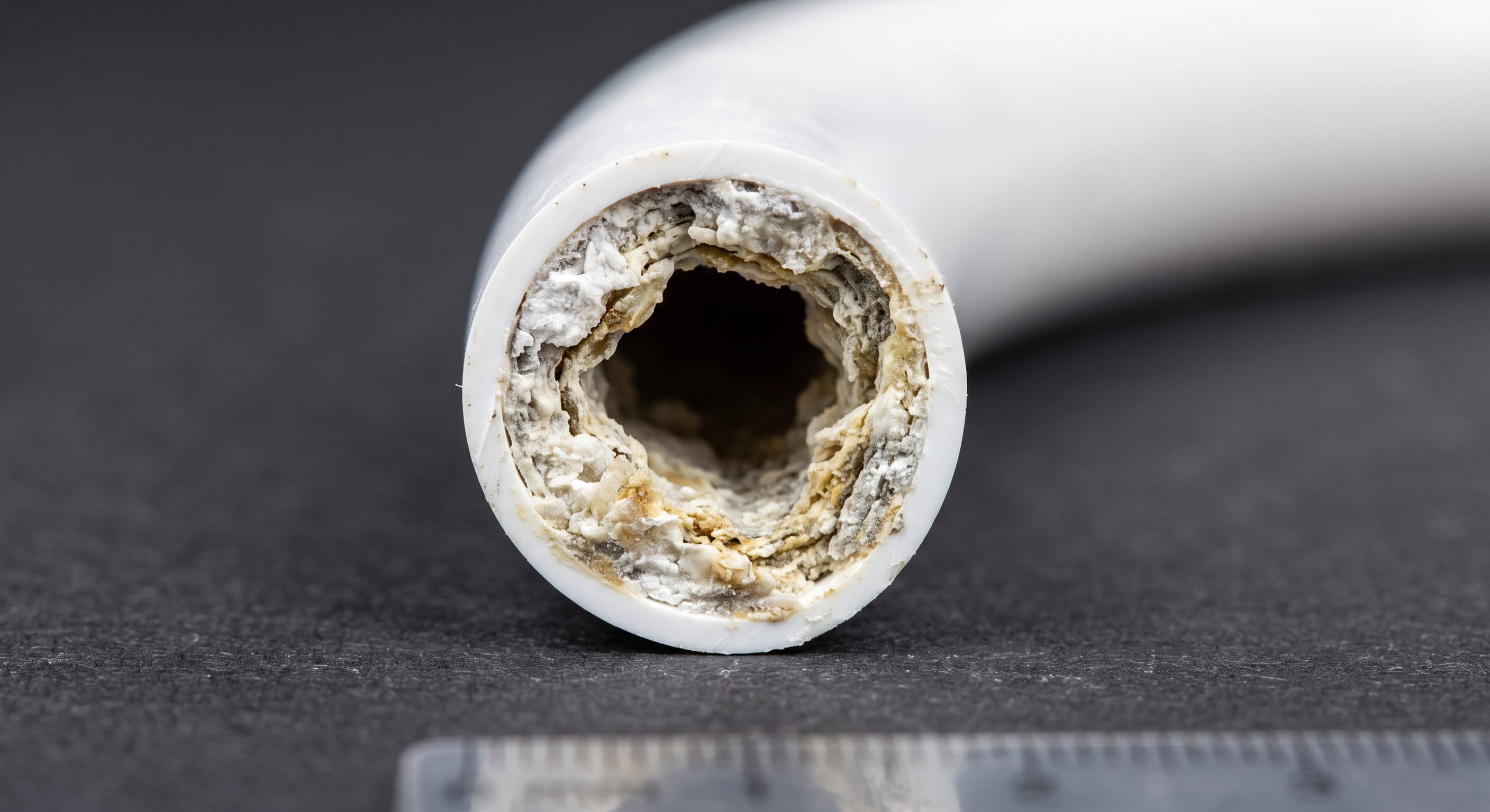 Close-up of a coffee maker heating element and internal water tube heavily coated in white chalky limescale deposits — mineral scale buildup as the primary cause of coffee maker leaking from bottom