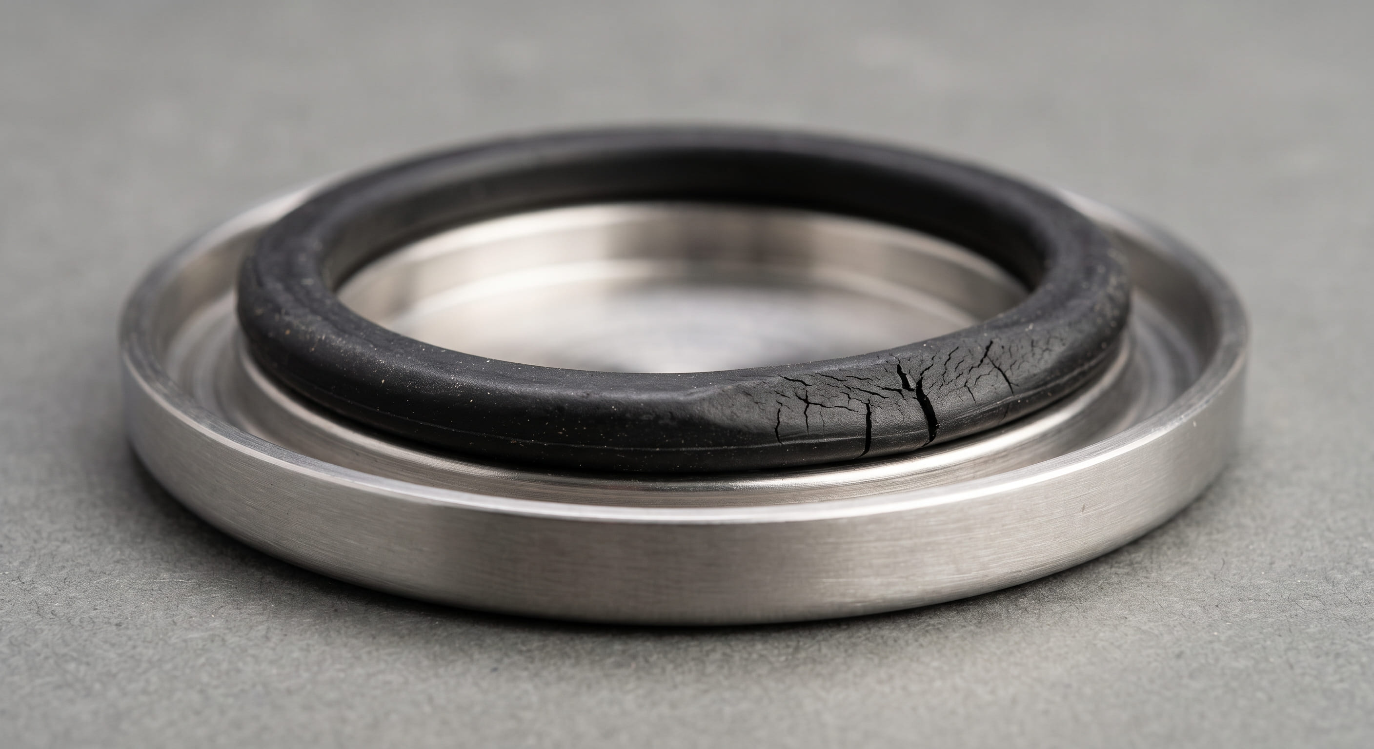 Thermal carafe lid disassembled showing a worn and cracked rubber gasket removed from its groove — degraded lid seal causing coffee to leak from thermal carafe during pouring