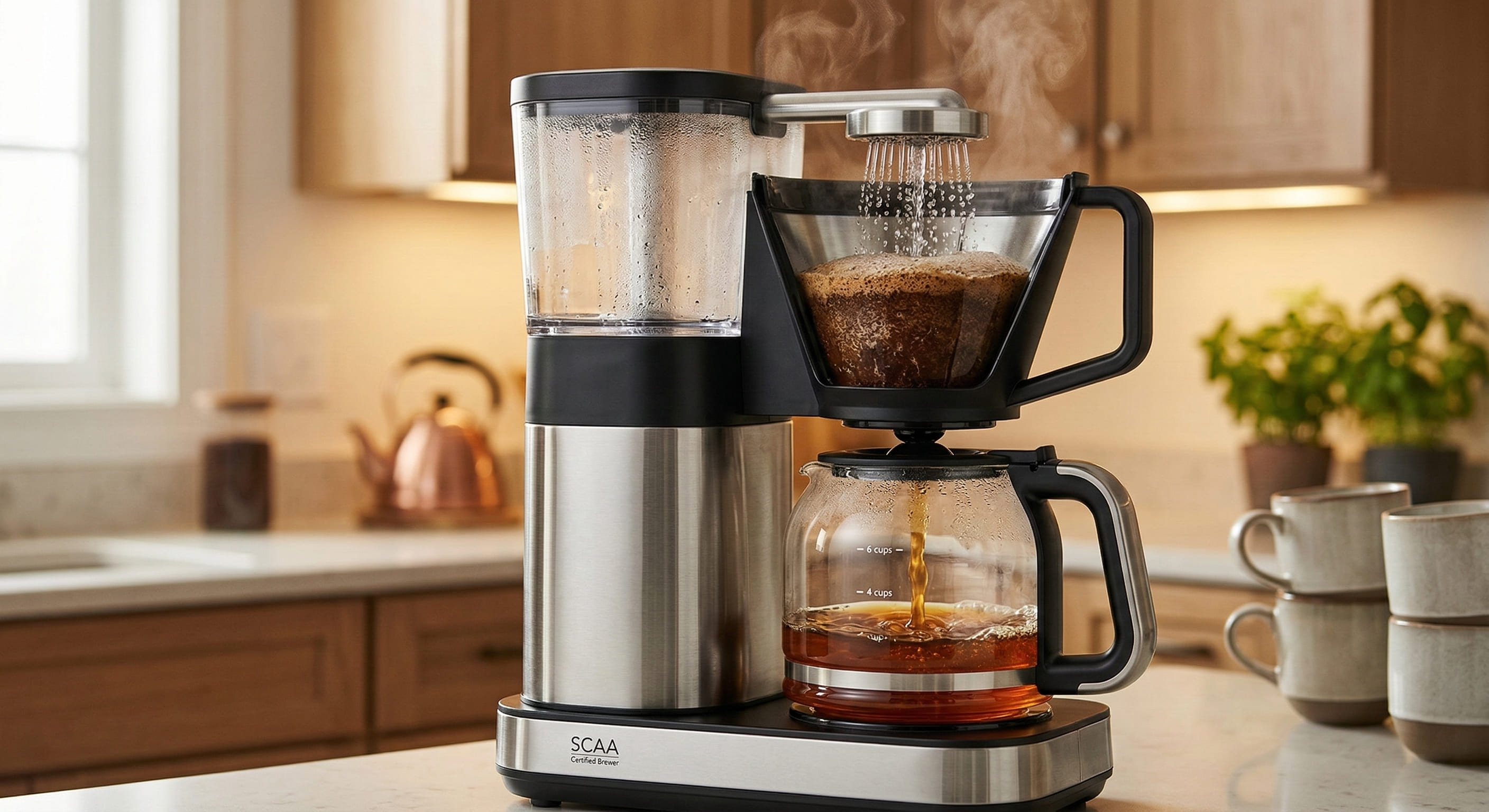Modern SCAA-certified automatic drip coffee maker brewing hot coffee into a glass carafe, steam visible from the brew basket