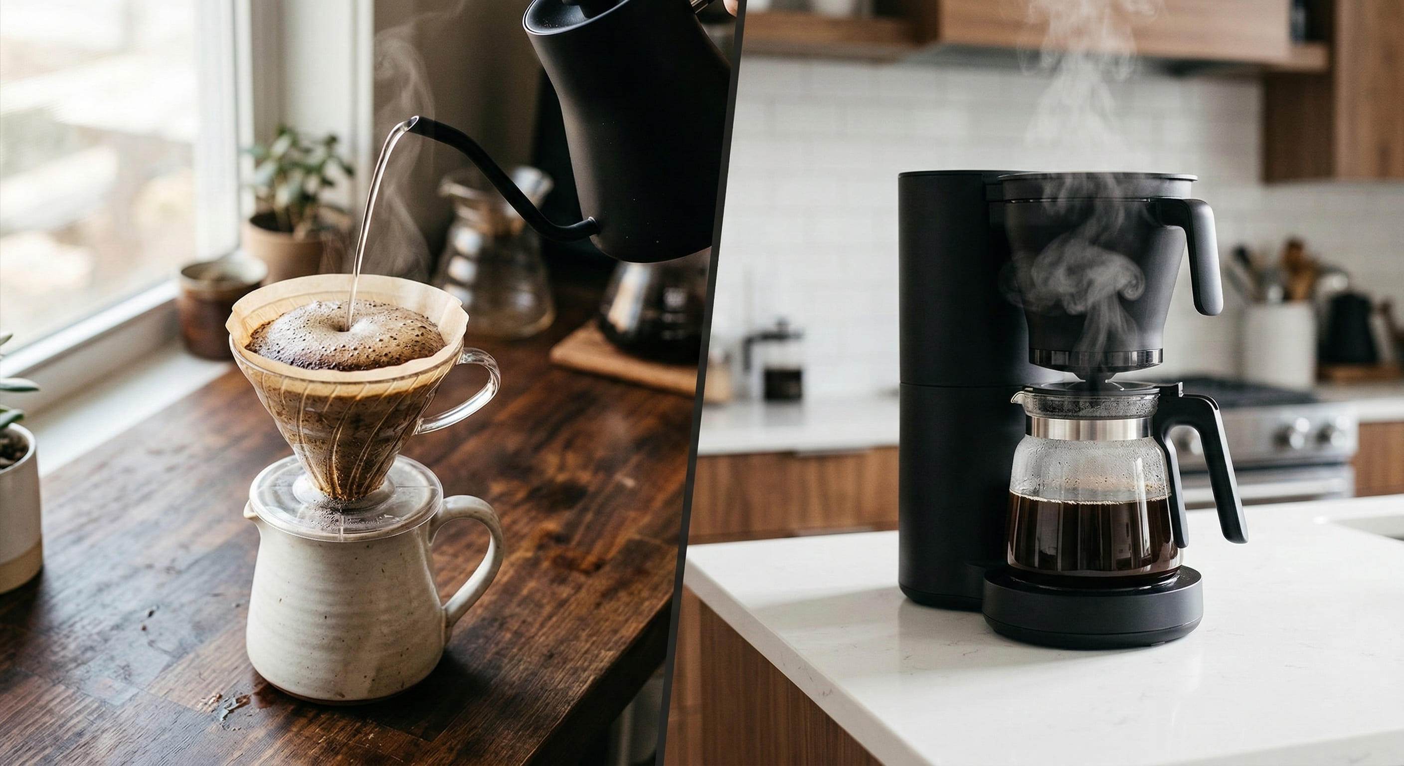 Side-by-side comparison of a V60 pour over dripper and an automatic drip coffee maker — showing the two main filter coffee brewing methods