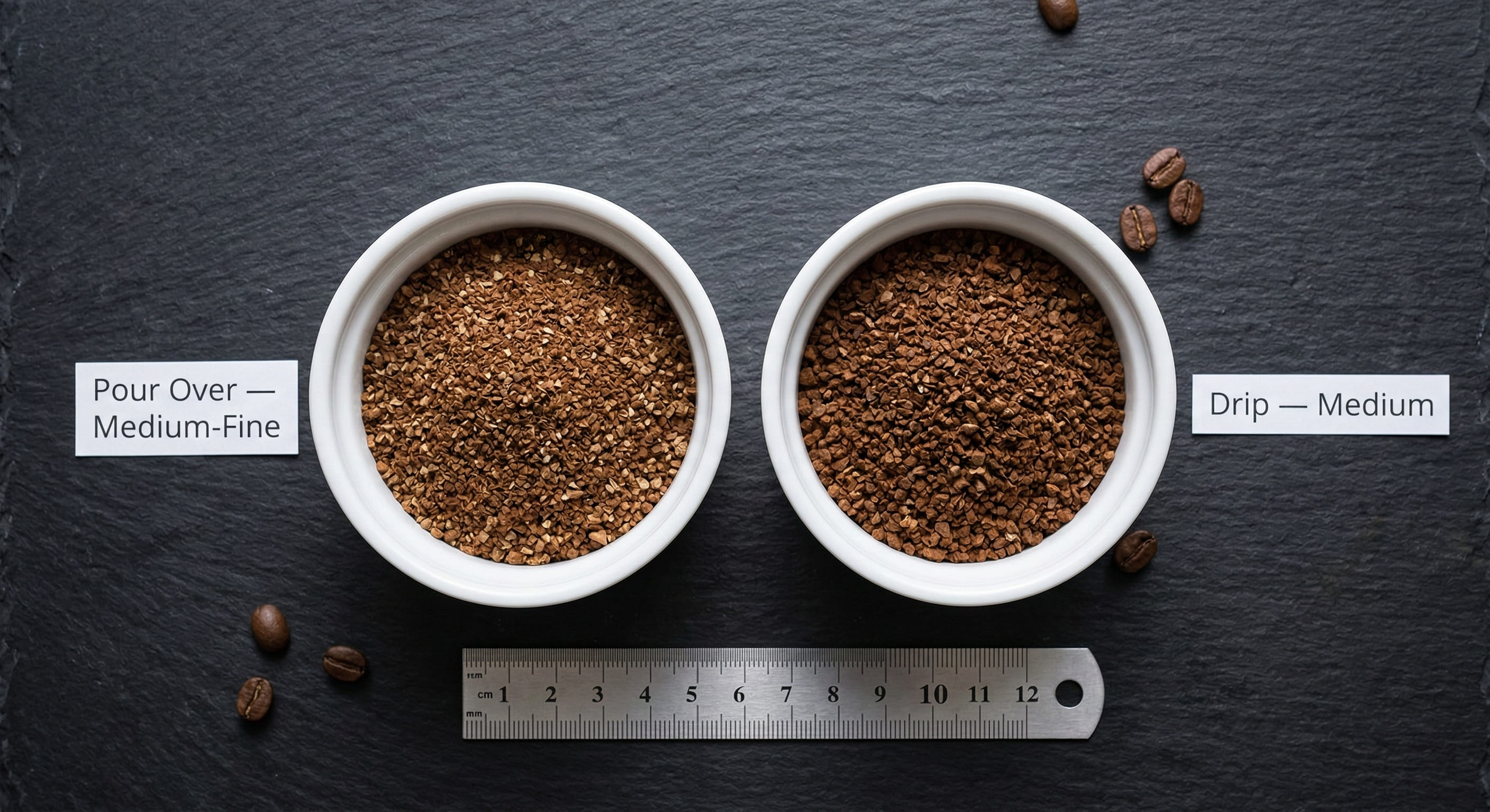 Grind size comparison: medium-fine pour over grounds (left) versus medium drip coffee grounds (right) shown in white ceramic ramekins on slate