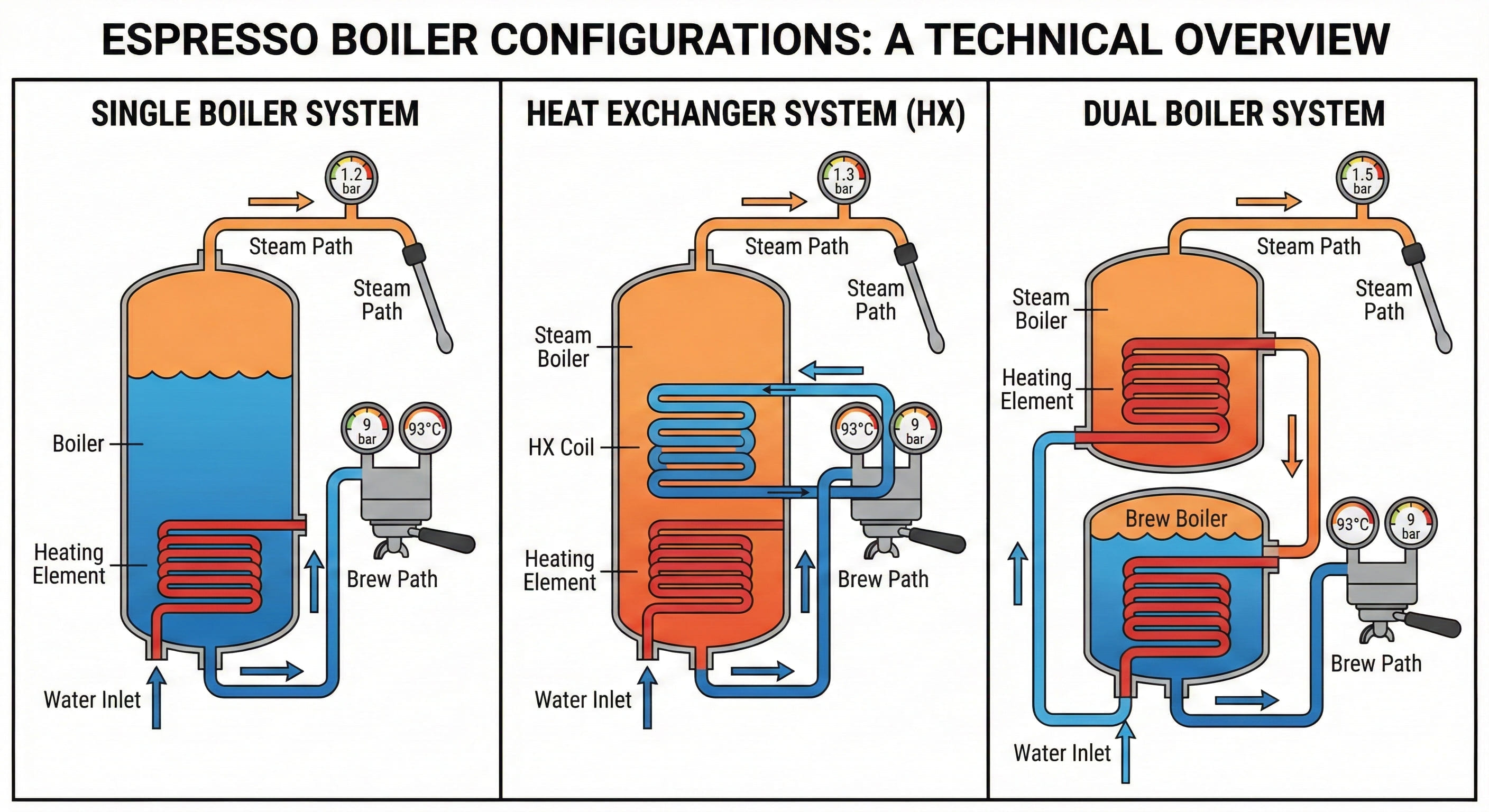 Technical cross-section diagram comparing single boiler, dual boiler, and heat exchanger espresso machine configurations showing water flow, heating elements, optimal brewing temperature 200°F, steam pressure 270°F, and extraction process through 58mm commercial portafilter at 9 bars pressure from espresso machine testing protocols