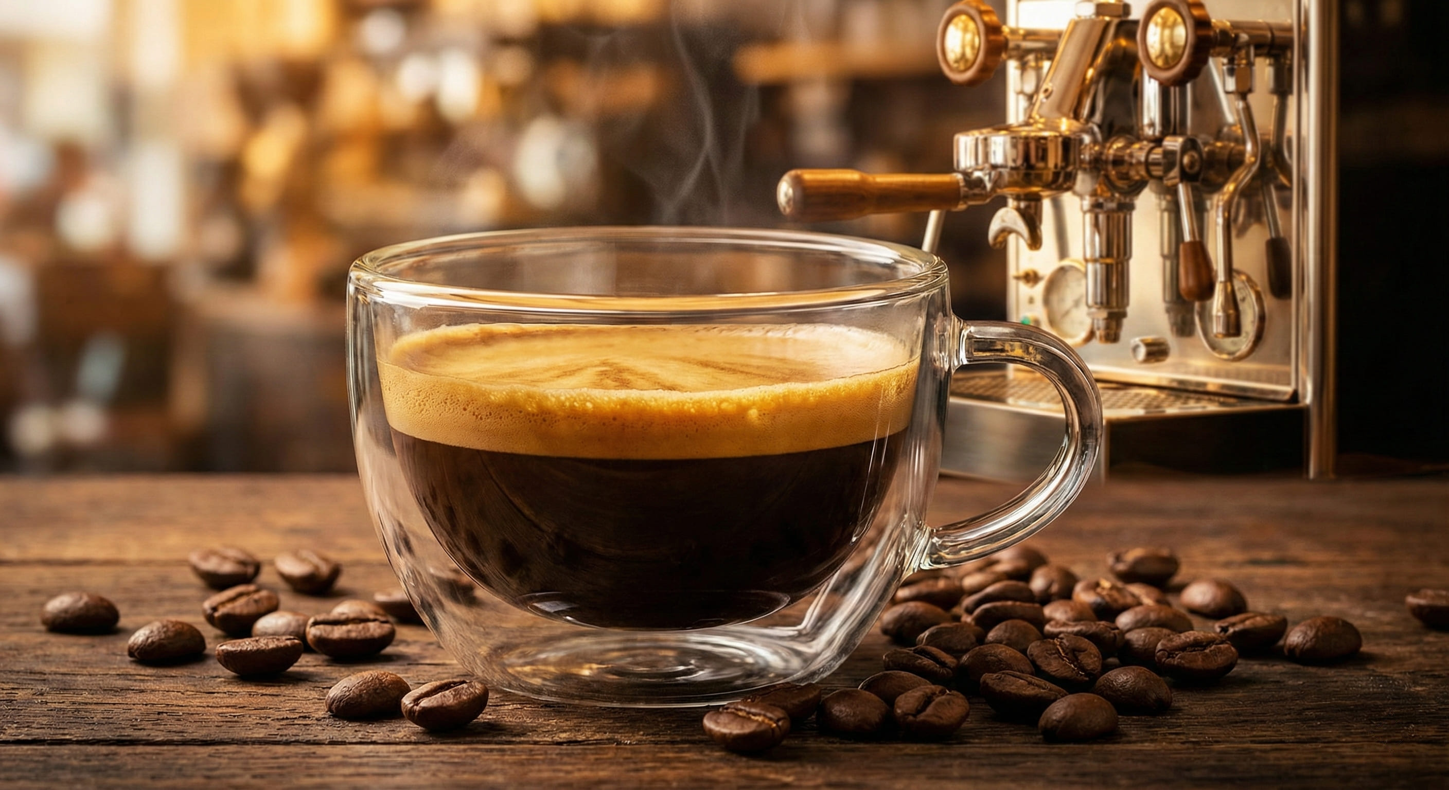 Perfect double espresso shot with thick golden crema layer in white porcelain cup alongside 58mm commercial portafilter and semi-automatic espresso machine, demonstrating optimal extraction at 9 bars pressure, 25-30 second timing, 200°F temperature from expert barista techniques trained across 200+ professionals