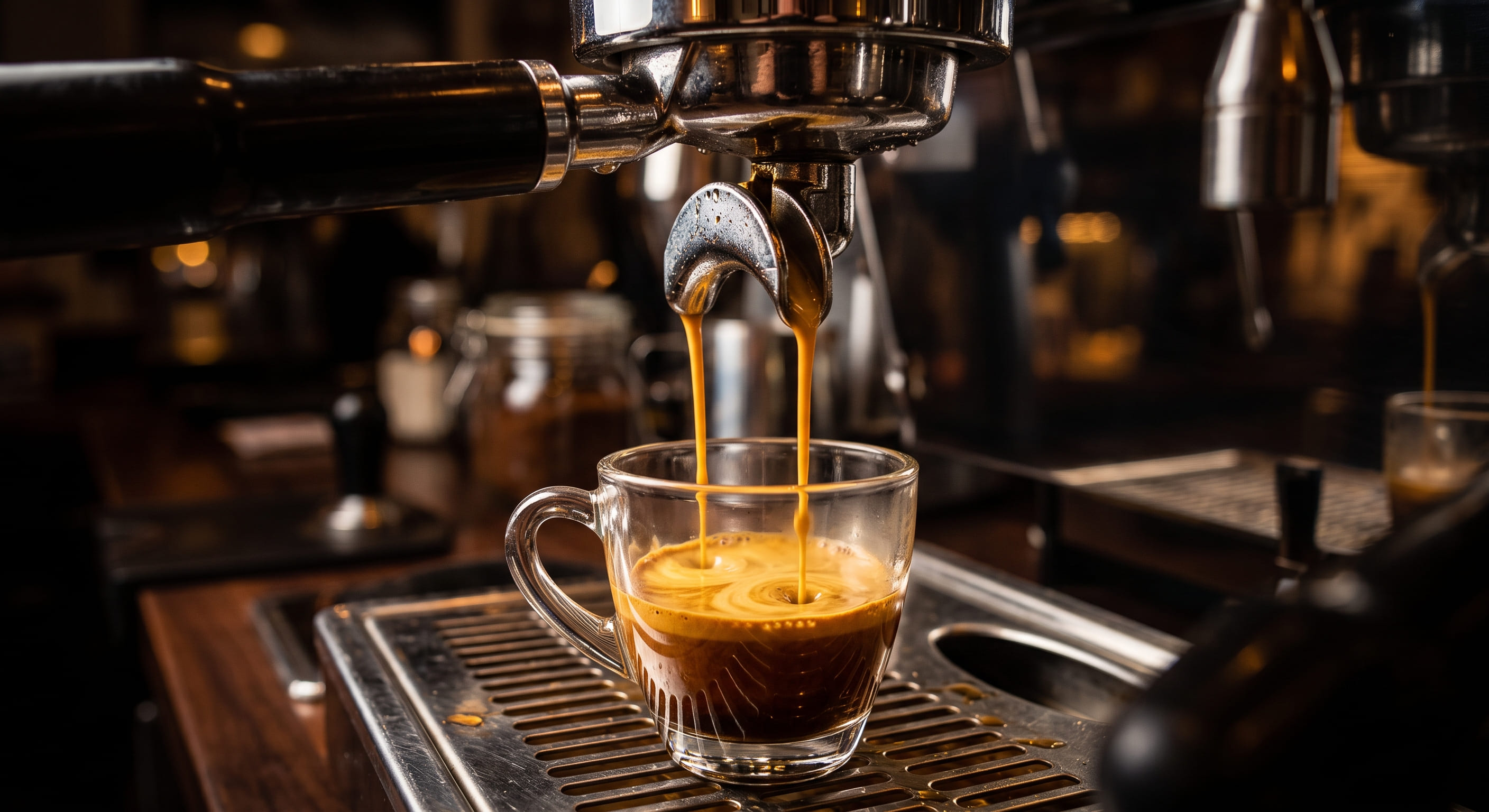 Double espresso extracting from a portafilter basket into a demitasse cup — showing honey-coloured streams and golden crema forming on the surface of the shot