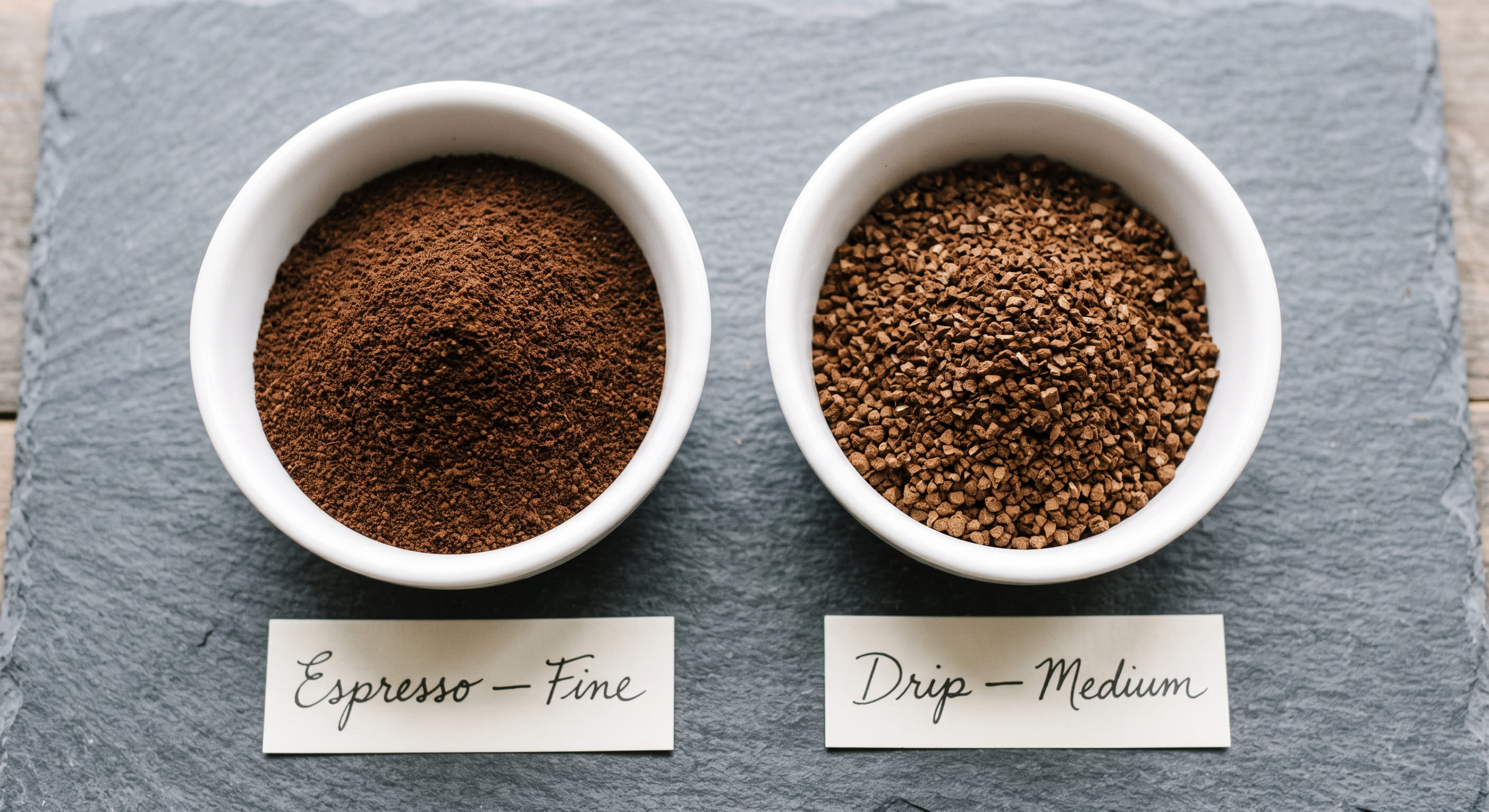 Two small white bowls side by side showing espresso grind (very fine, table-salt texture) and drip coffee grind (medium, coarse sea-salt texture) — illustrating the key difference in grind requirements