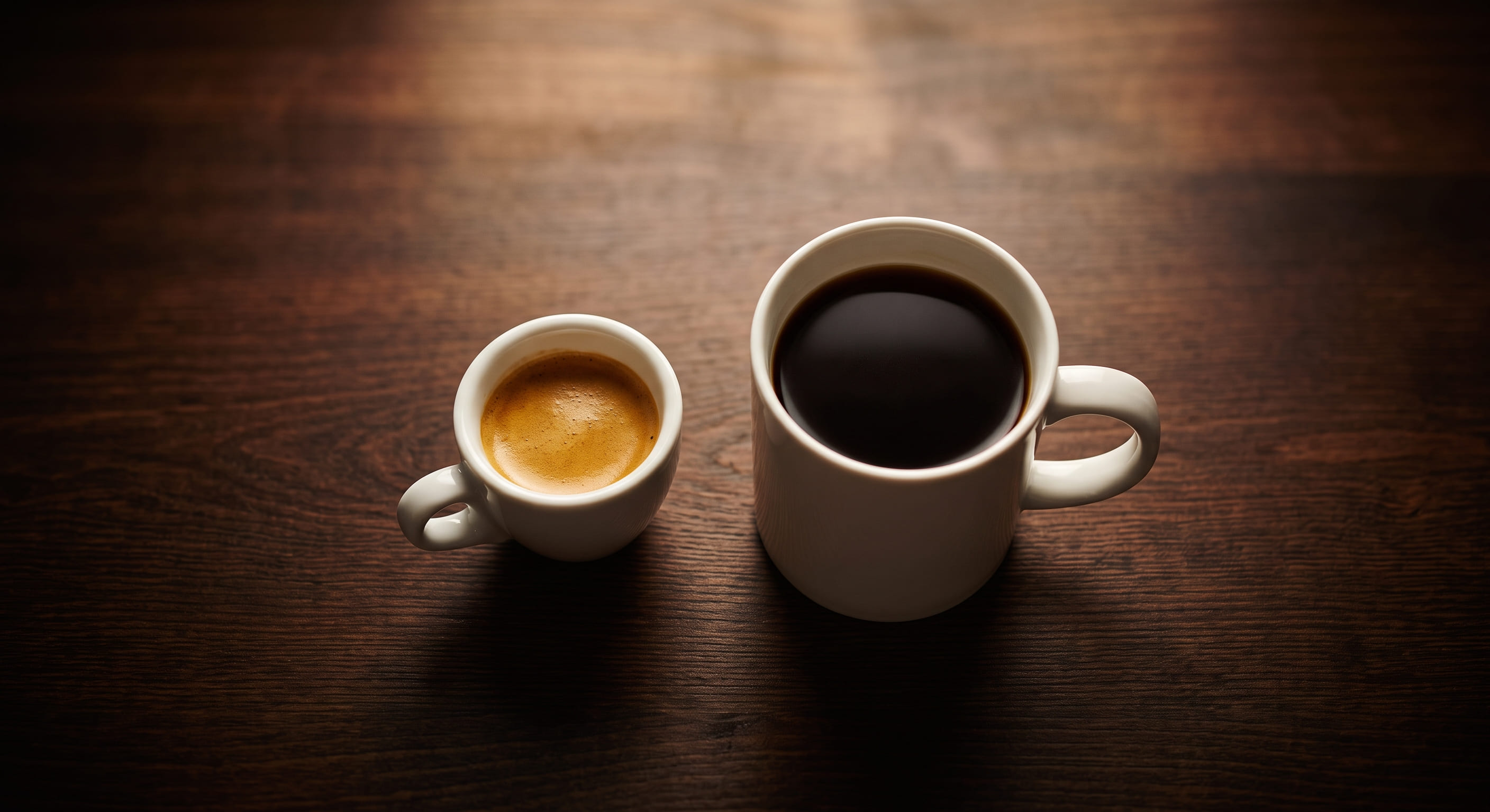 Espresso vs coffee — a small demitasse espresso cup next to a large ceramic drip coffee mug on a dark wooden café counter