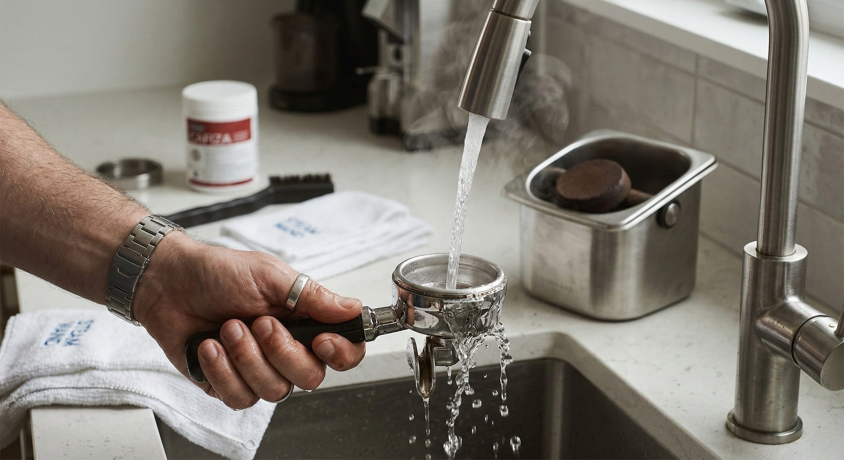 Barista rinsing espresso portafilter and basket under hot running water immediately after knocking out the spent coffee puck — daily espresso machine cleaning routine