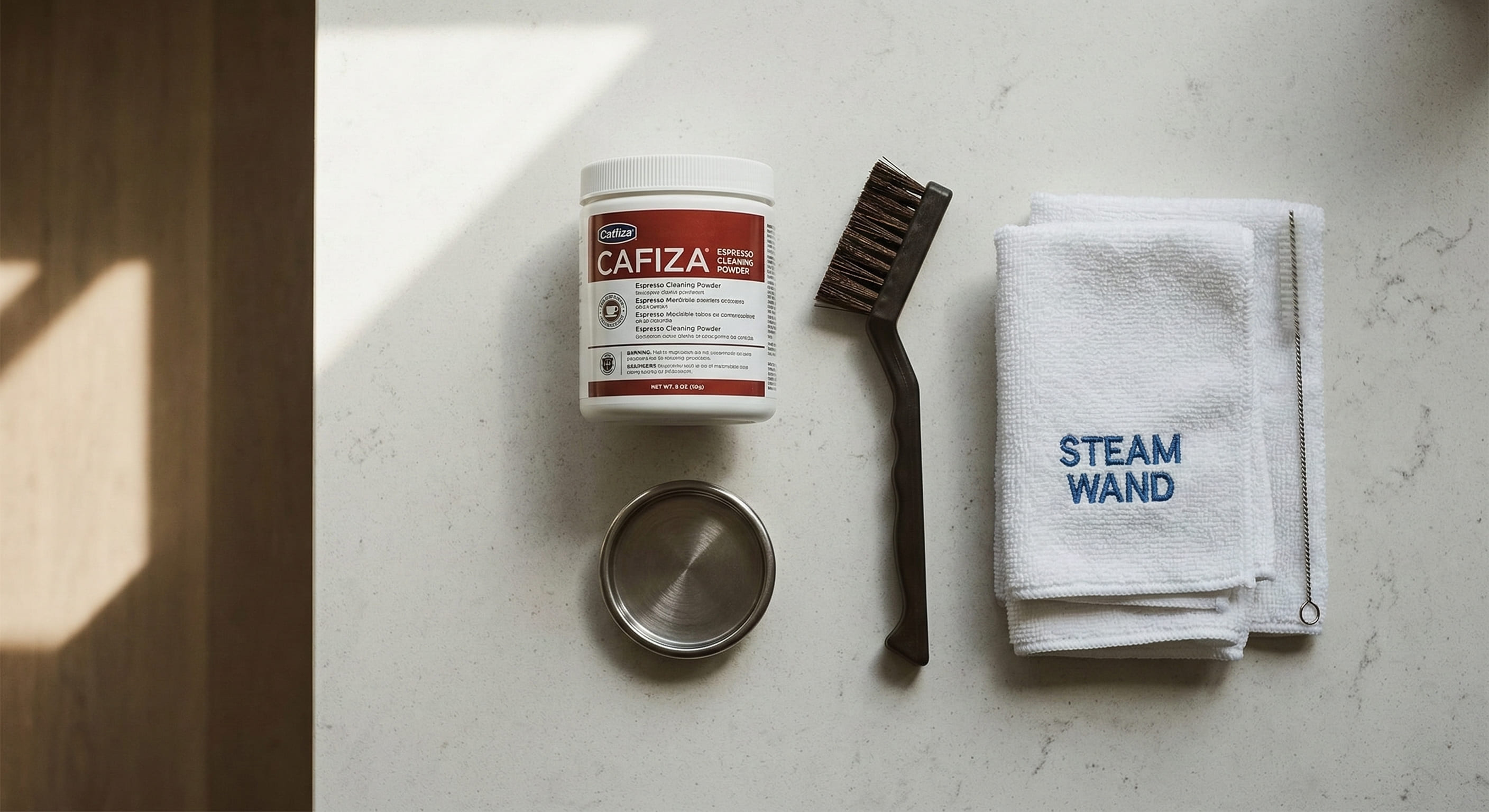 Espresso machine cleaning kit: Cafiza cleaning powder tub, blind basket, group head brush, steam wand brush, and folded microfiber cloths arranged on a wooden surface
