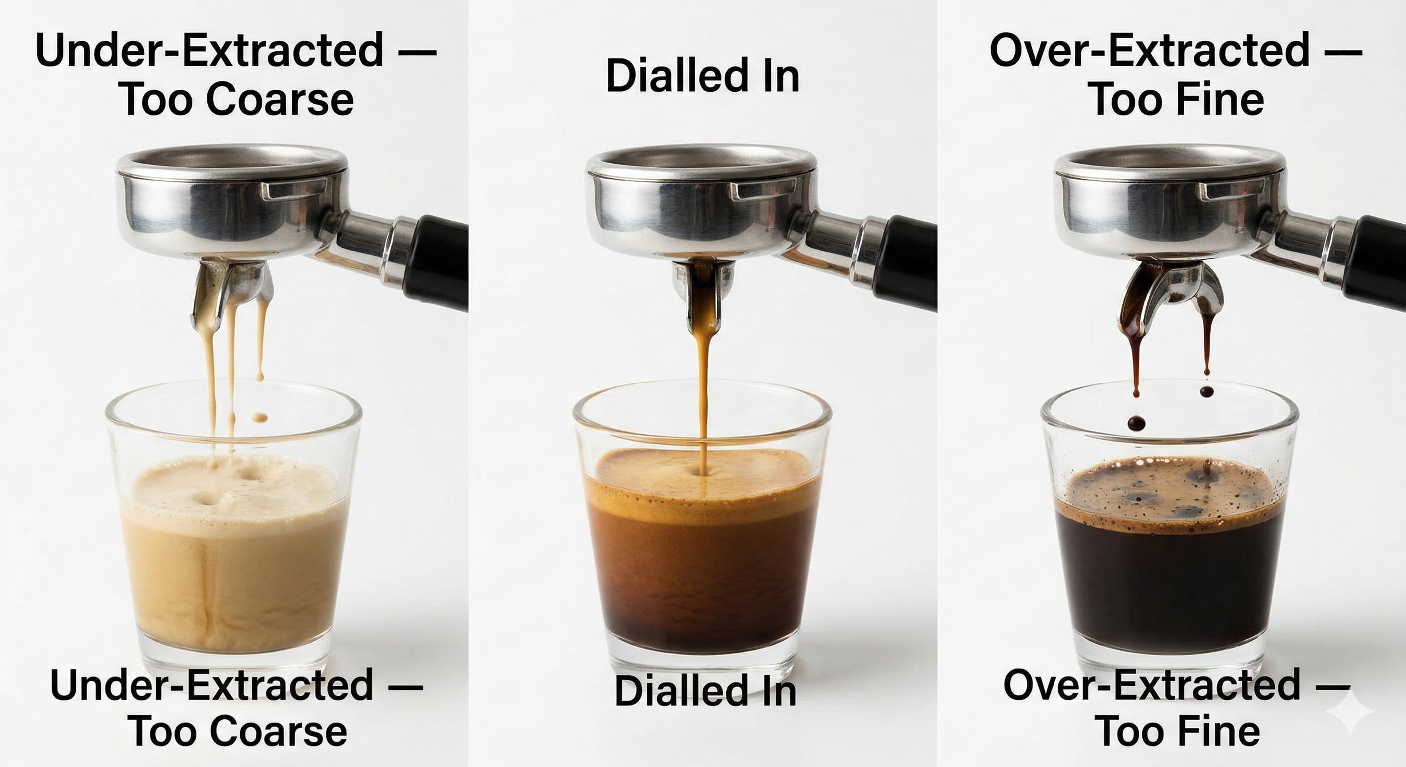 Three espresso shots showing under-extracted pale shot (grind too coarse), correctly dialled-in shot with golden crema, and over-extracted dark shot (grind too fine) — espresso troubleshooting comparison