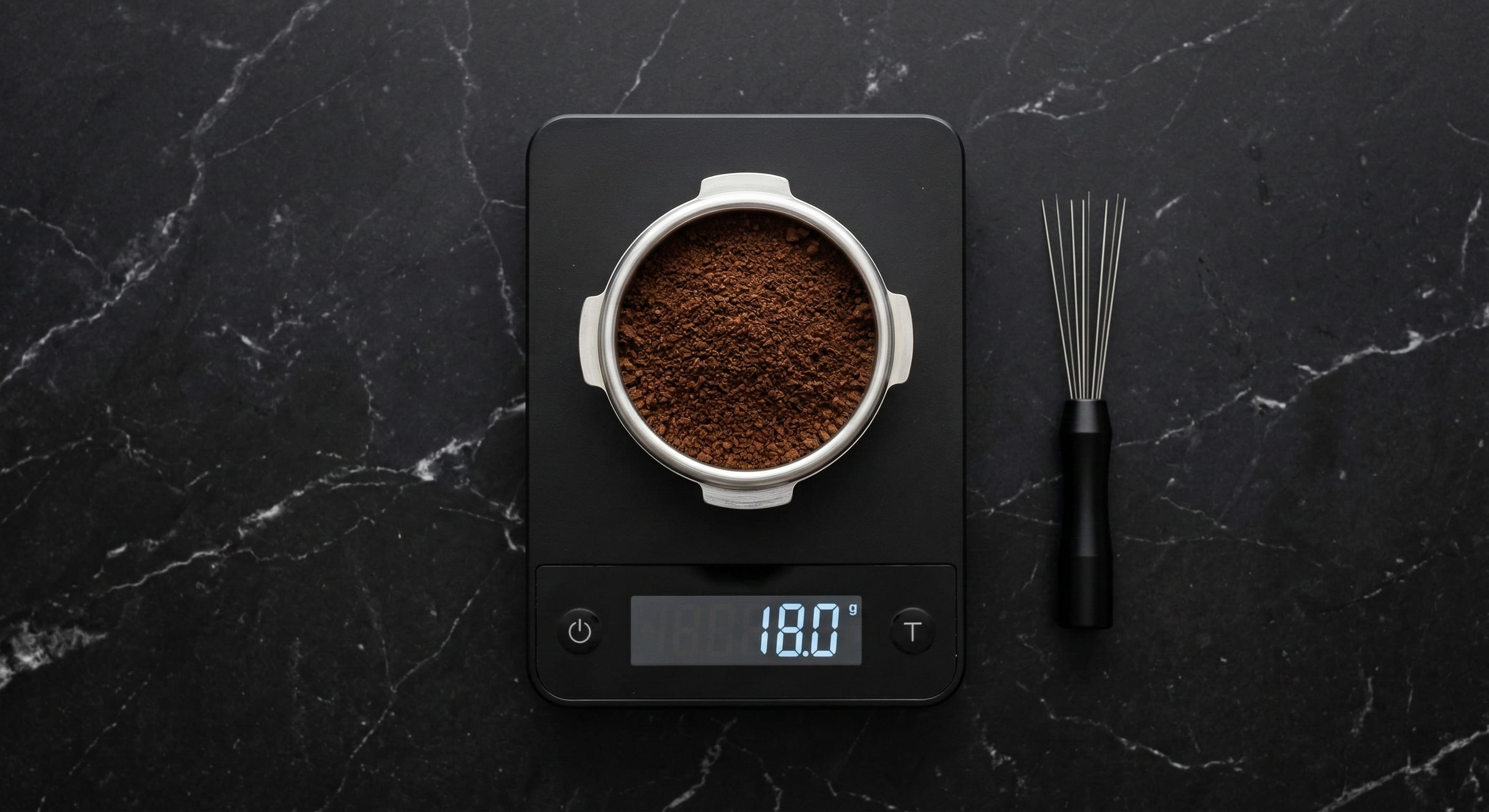 Portafilter basket on a precision digital scale showing 18.0 g dose of freshly ground espresso coffee — correct dose measurement for espresso dial-in