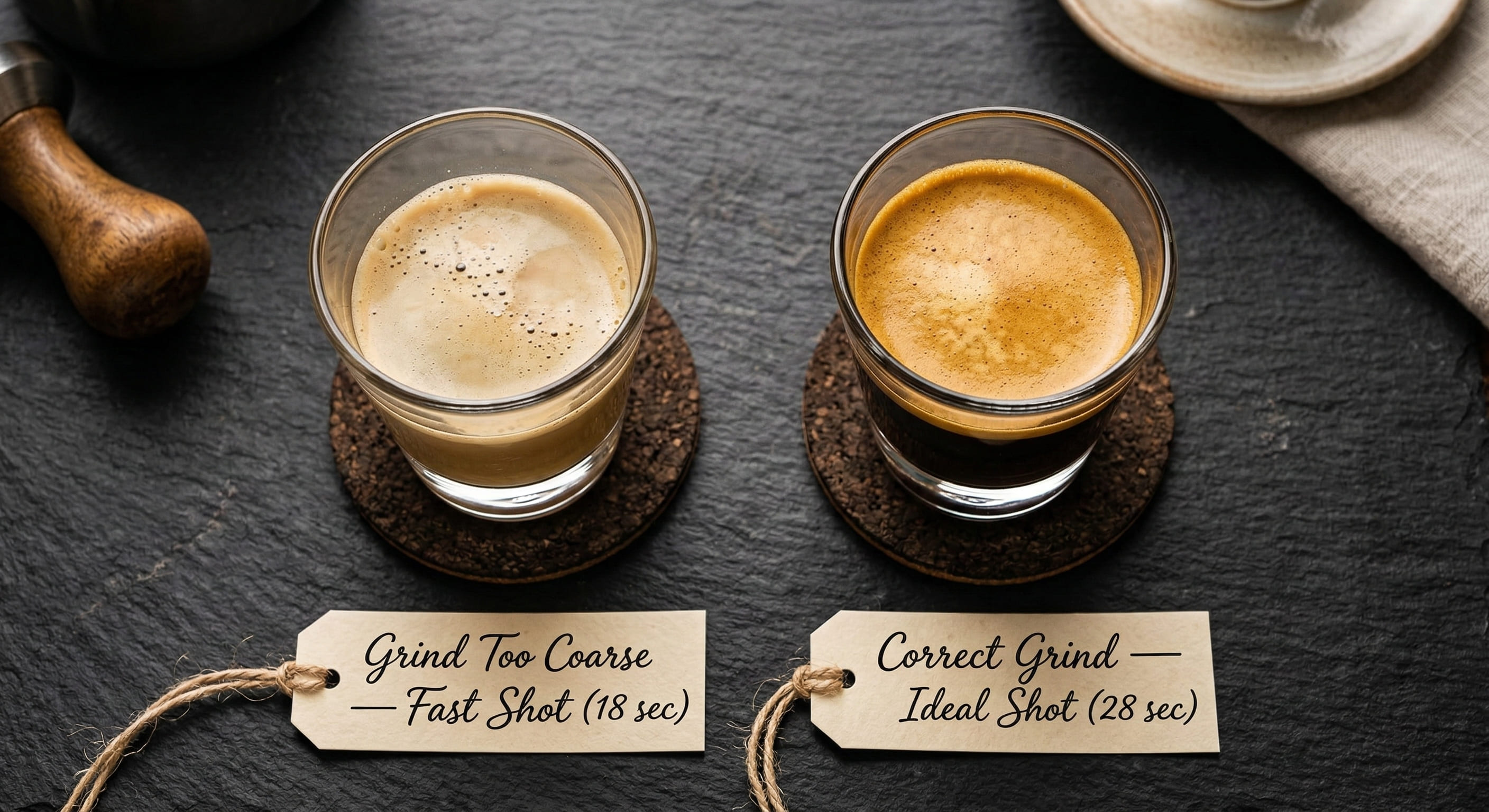 Side-by-side comparison of an under-extracted pale espresso shot (grind too coarse, 18 sec) and a correctly extracted espresso shot (dialled in, 28 sec) — visual guide to espresso grind adjustment