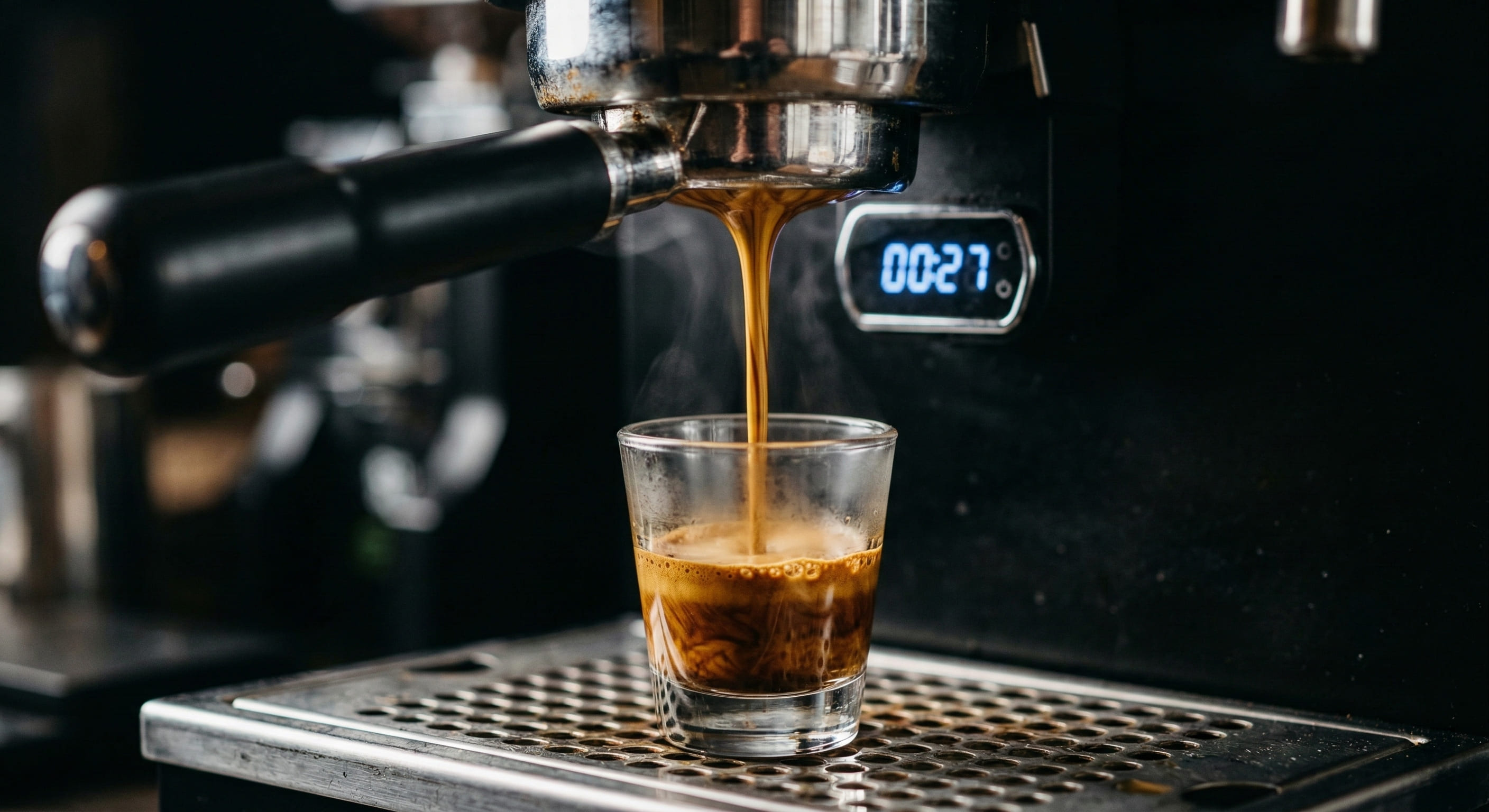 Espresso shot flowing into a clear glass under the group head with a digital timer showing 00:27 seconds — illustrating correct espresso shot timing during dial-in