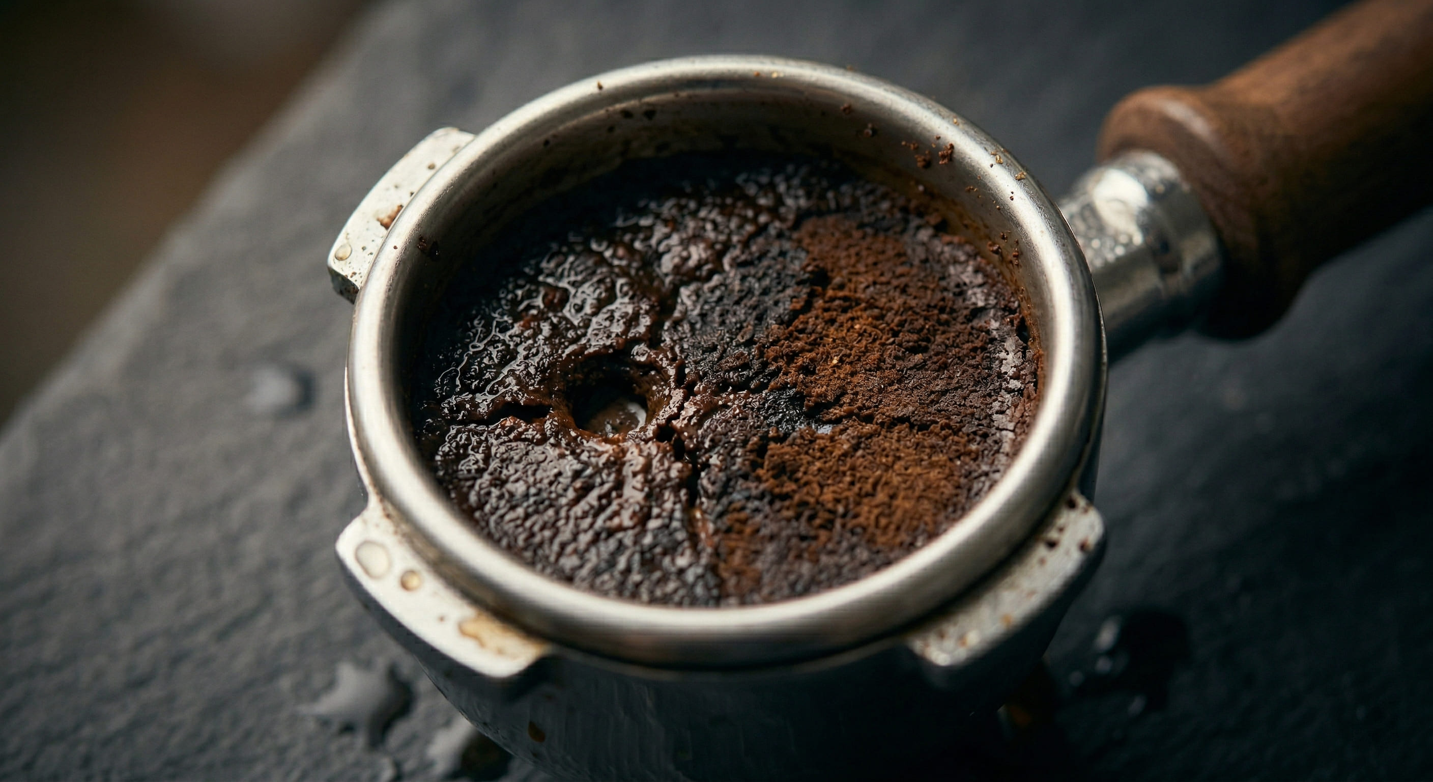 Spent espresso puck in portafilter basket showing channeling hole and uneven extraction — visual sign of channeling causing bitter and sour espresso simultaneously