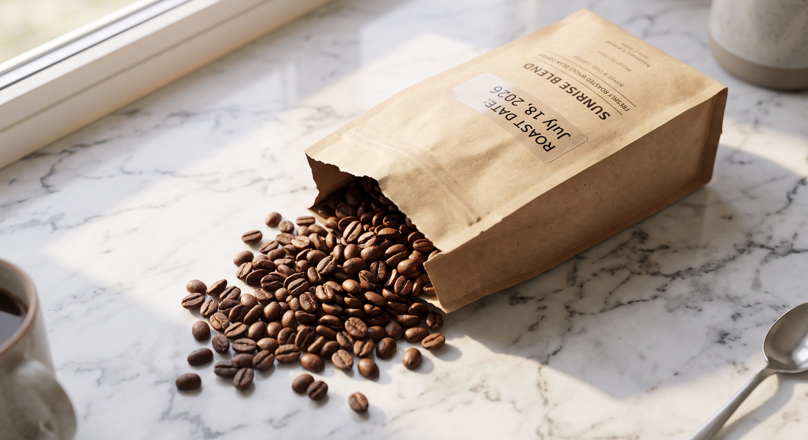 Hand holding a coffee bag showing roast date label '4–21 days' window highlighted — fresh espresso beans with visible roast date as the key factor in producing thick espresso crema