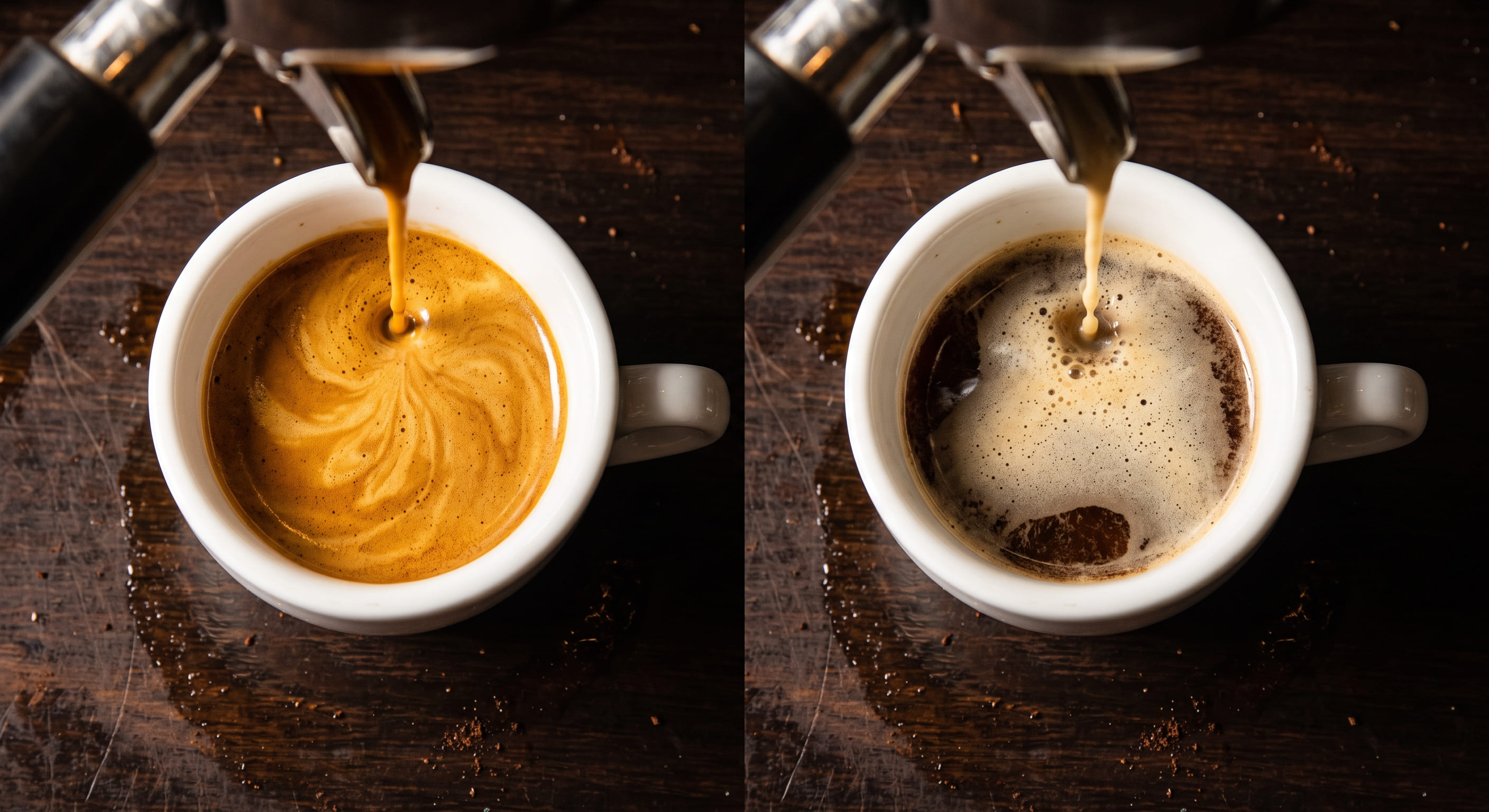 Side-by-side comparison of two espresso shots: left cup shows thick golden-hazelnut crema covering the full surface; right cup shows pale thin crema with white gaps — illustrating the difference between good and poor espresso crema