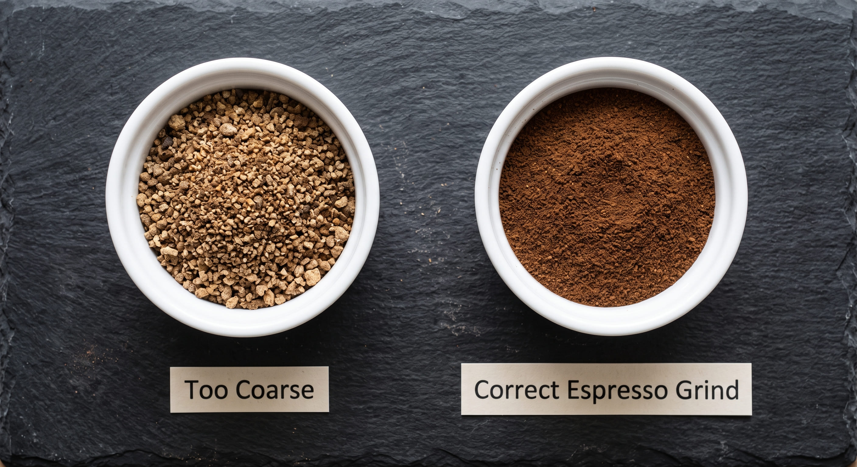 Two espresso pucks side by side: left shows a coarse grind with fast channelling channels visible; right shows a fine consistent grind producing even resistance — grind size comparison showing effect on espresso crema thickness