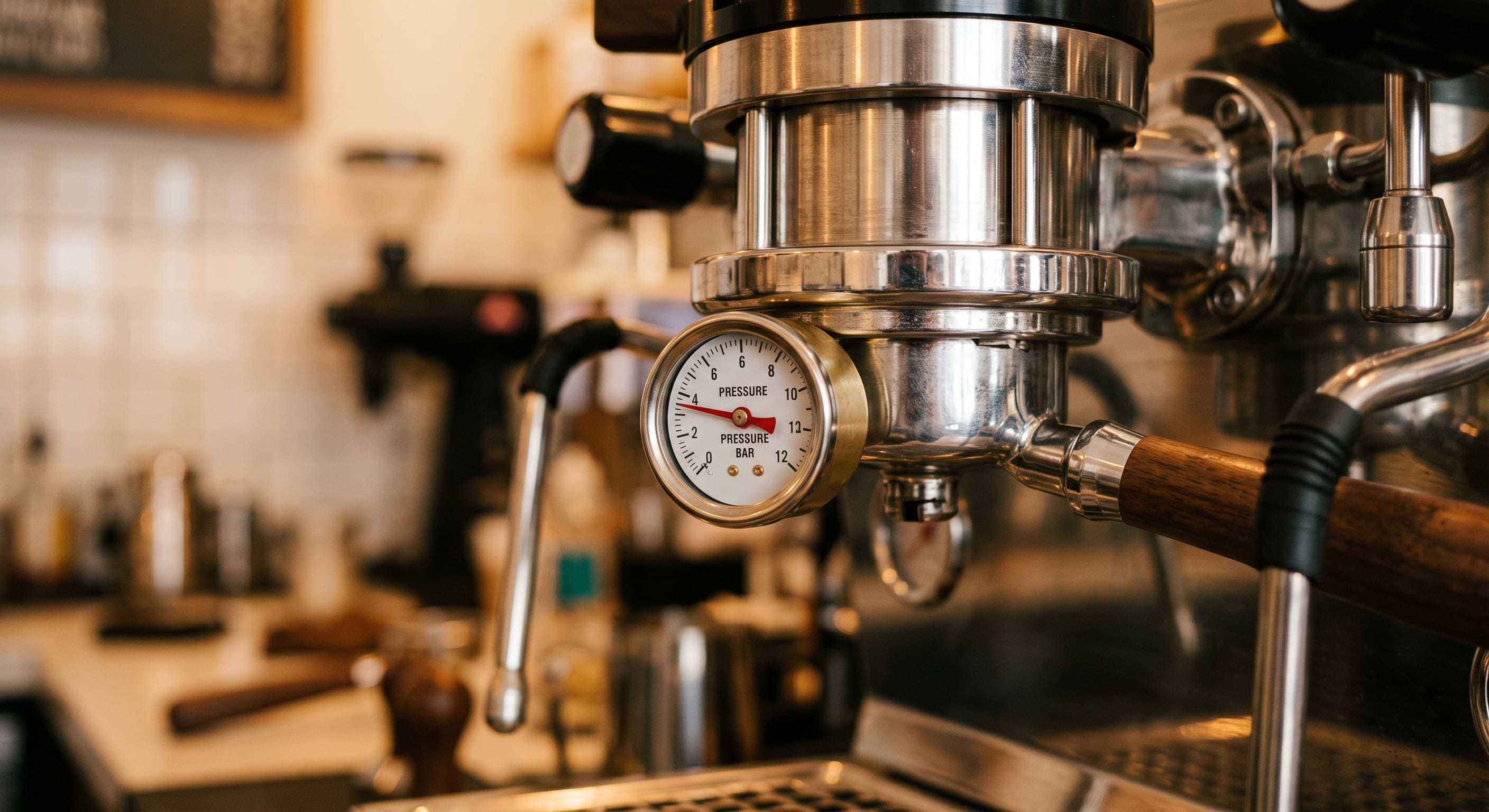 Blind portafilter with built-in pressure gauge locked into espresso machine group head reading 9 bar during extraction — testing brew pressure to ensure optimal espresso crema formation