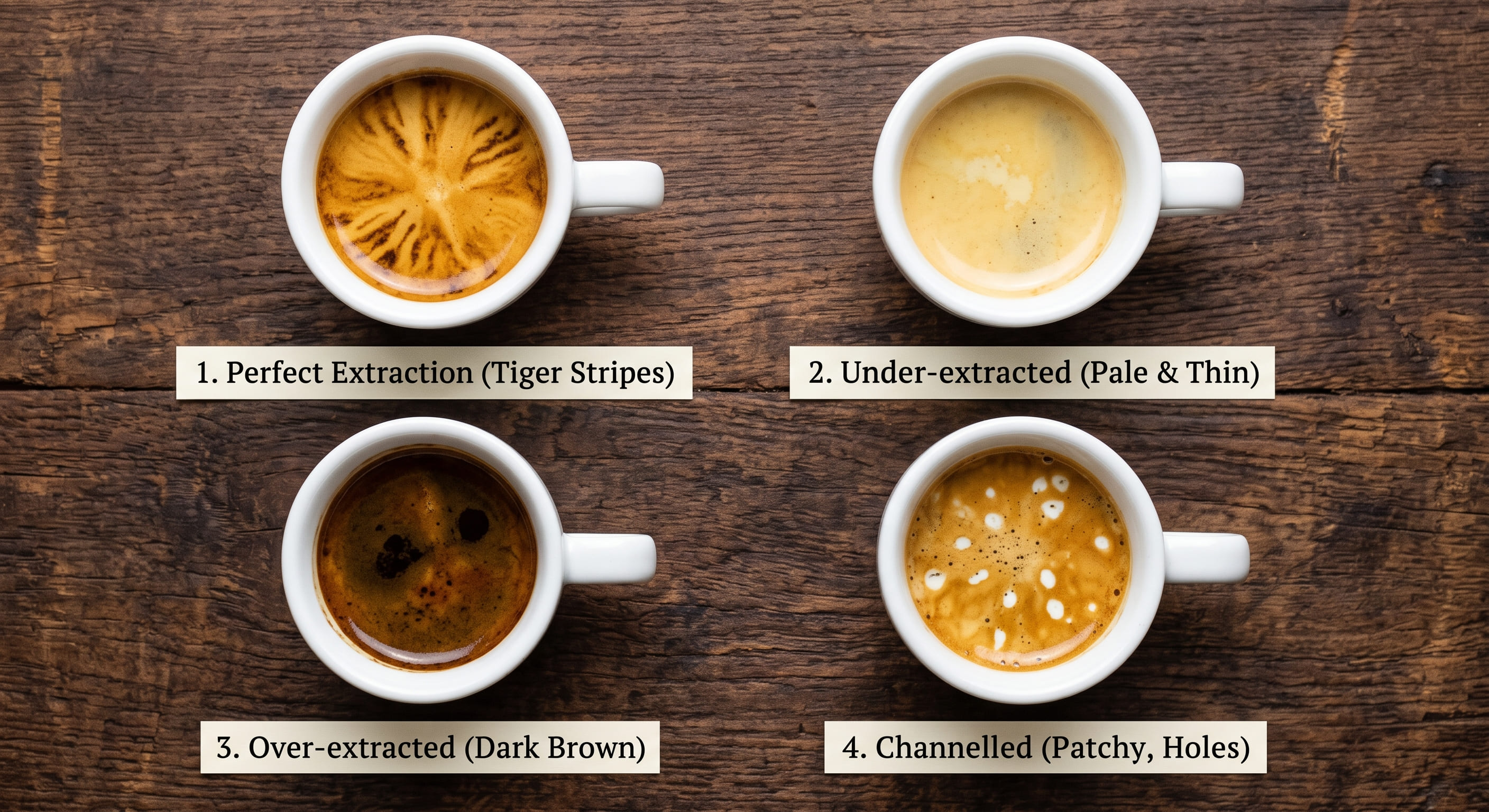 Four espresso cups in a row showing different crema types: perfect golden tiger-stripe crema, pale thin crema, very dark over-extracted crema, and patchy channelled crema with white holes — visual guide to reading espresso crema quality