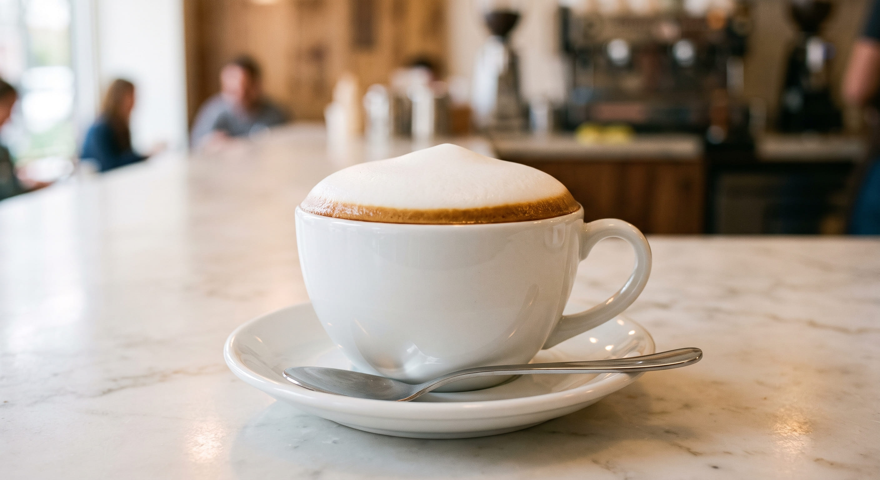 Finished homemade cappuccino in a wide 6 oz white porcelain cup — thick domed foam cap rising 1.5 cm above the rim with a light espresso-coloured halo around the edge, on a white marble counter