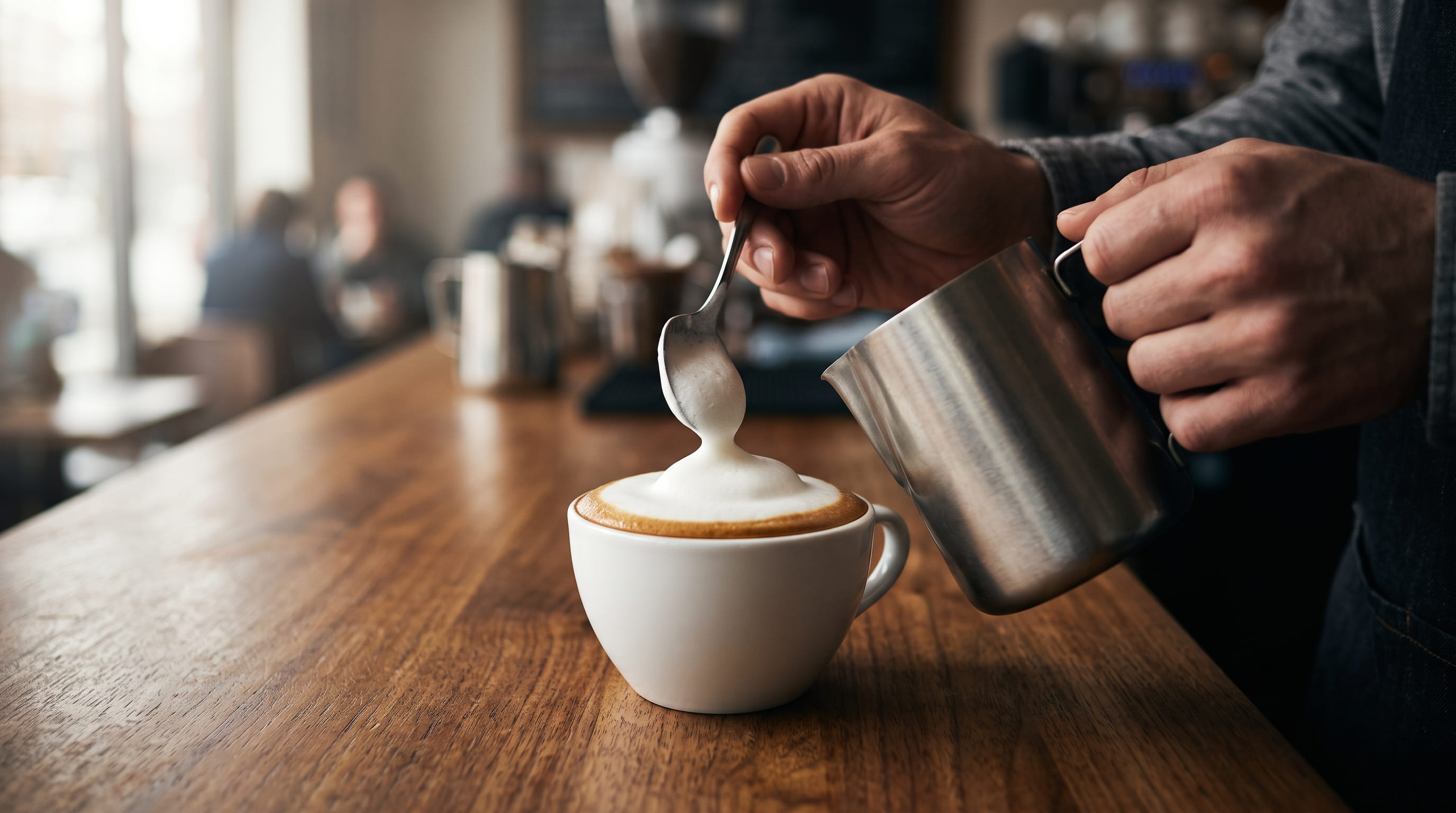 Barista spooning thick domed foam onto a double espresso to finish a traditional cappuccino in a wide white porcelain cup on a wooden café counter
