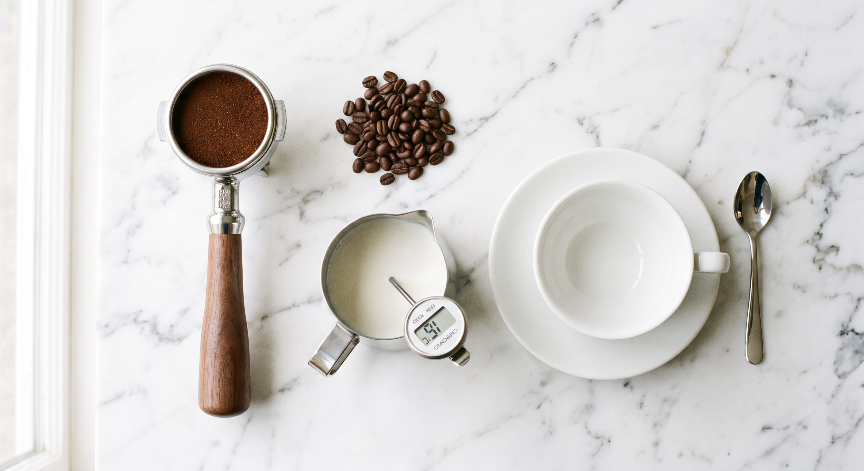 Cappuccino ingredients laid out on a white marble counter — portafilter with ground coffee, 12 oz stainless steel milk pitcher with whole milk, wide 6 oz white porcelain cappuccino cup, milk thermometer