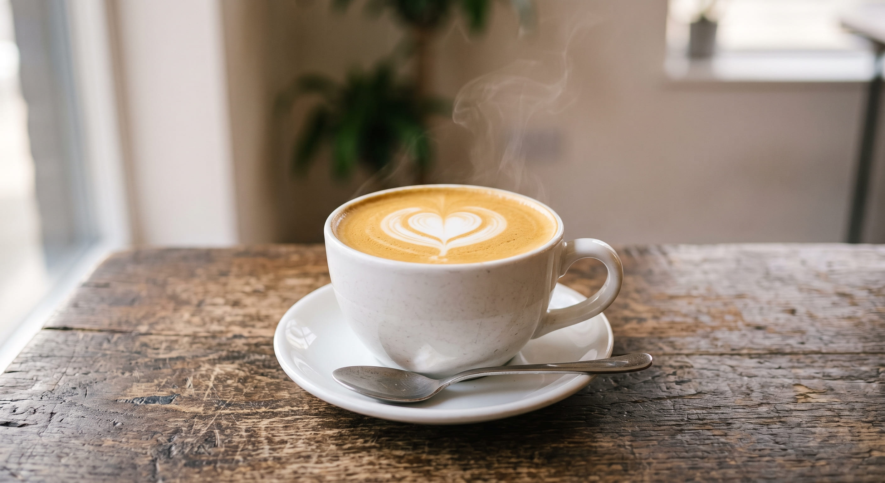 Finished homemade café latte in a wide white ceramic cup with a simple heart latte art pattern — double espresso with steamed whole milk microfoam on a wooden café table