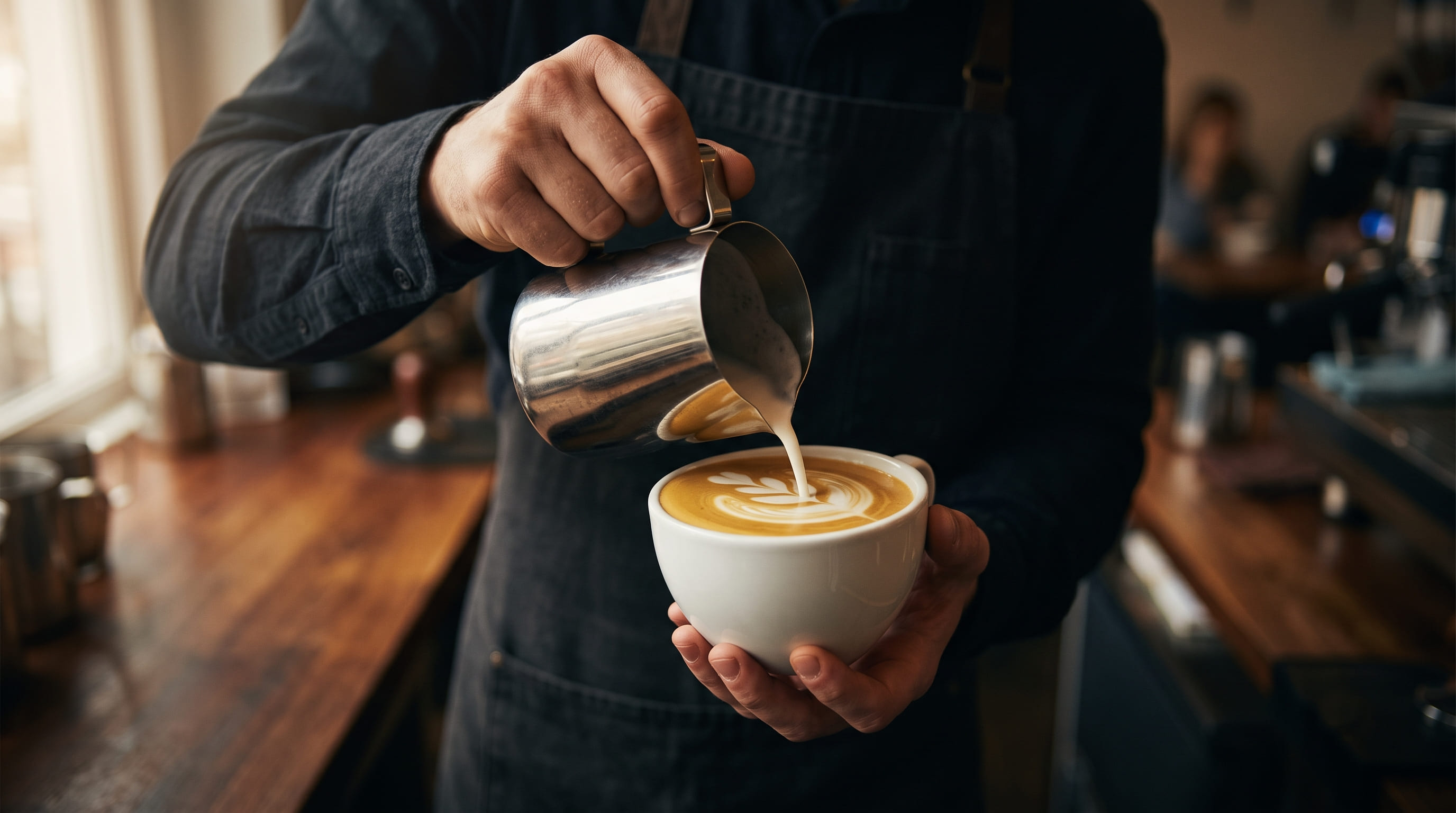 Barista pouring steamed milk into a double espresso to make a café latte — creating a leaf latte art pattern in a white ceramic cup on a wooden café counter