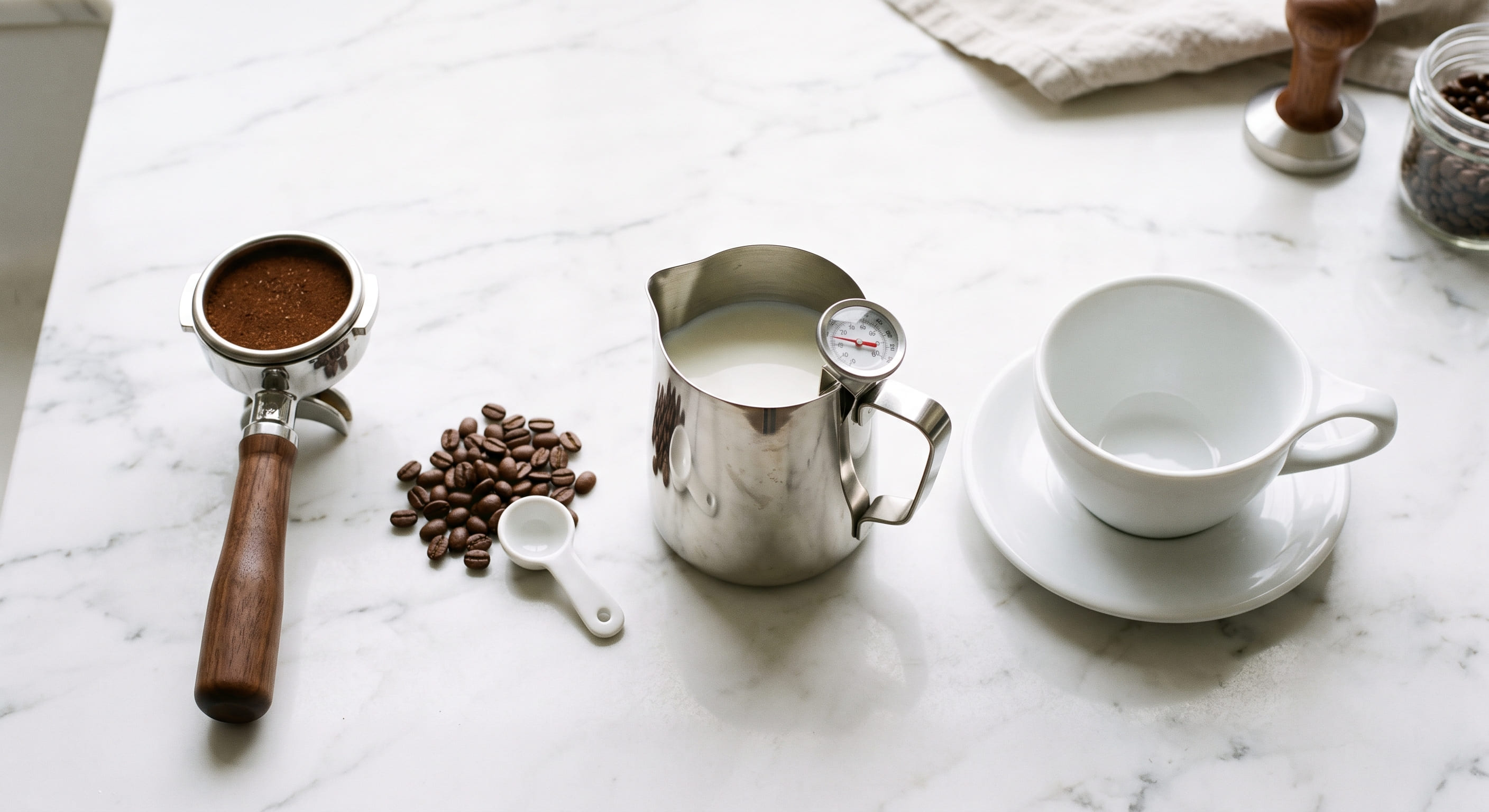 Latte ingredients laid out on a white marble counter — espresso machine portafilter, 18g of freshly ground coffee, 12oz stainless steel milk pitcher with whole milk, white ceramic latte cup