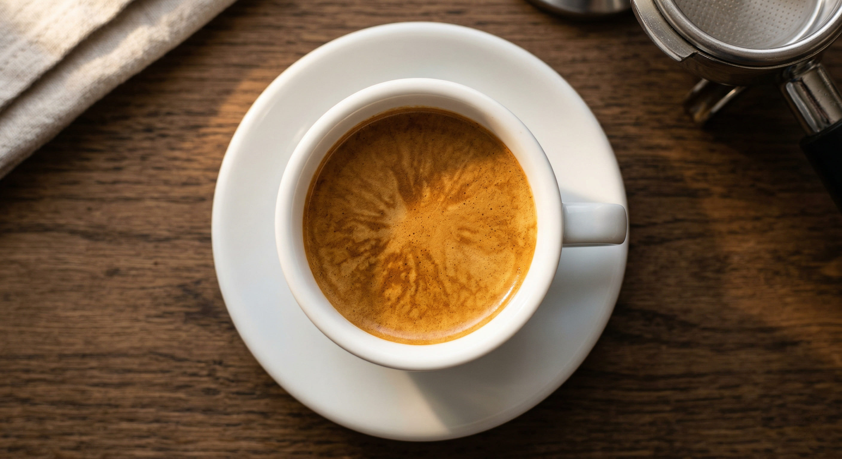 Espresso shot with golden crema in a glass demitasse cup — correctly extracted home espresso with best home espresso technique