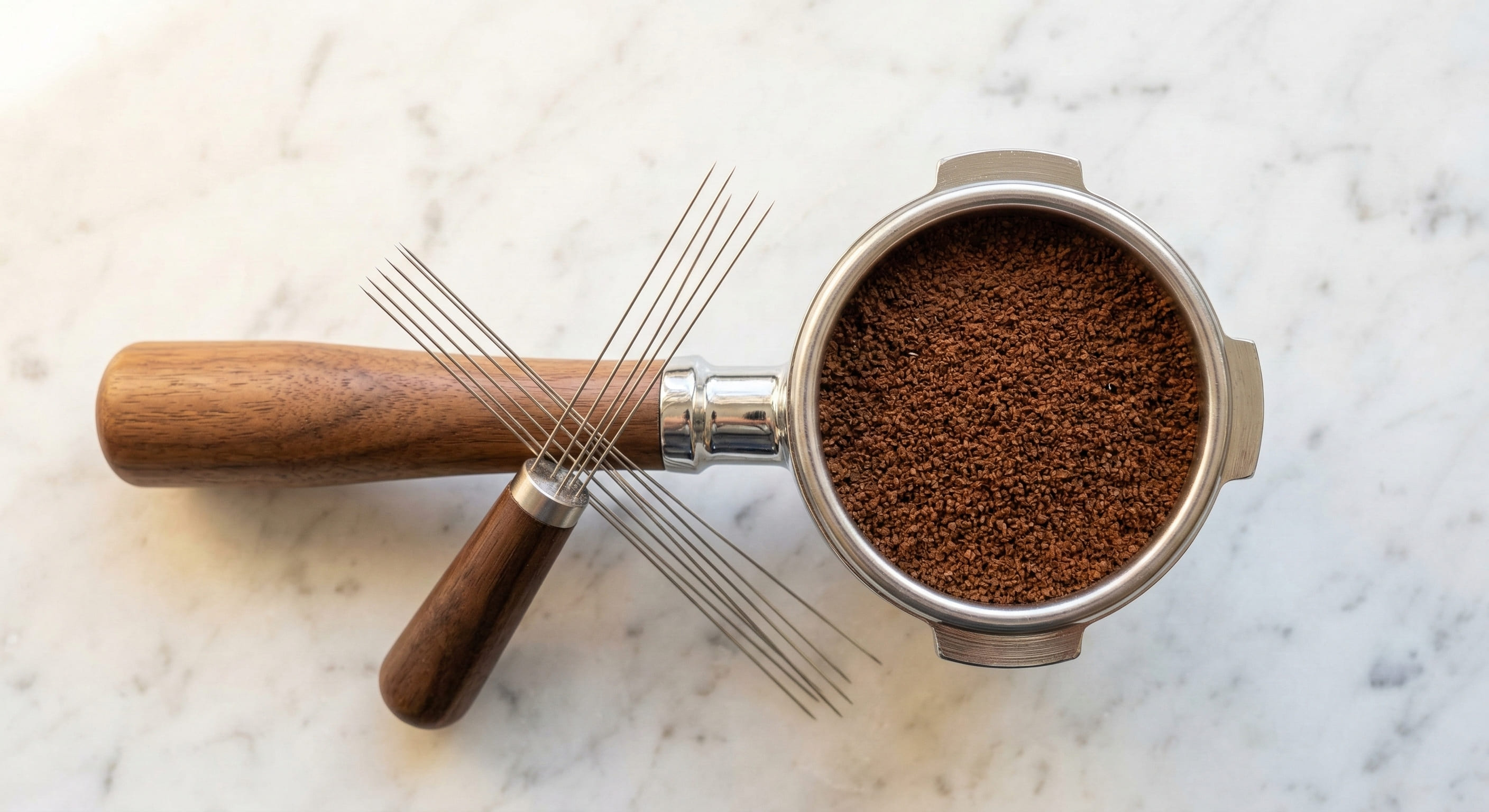Portafilter basket with evenly distributed espresso grounds and a WDT needle tool beside it — espresso puck distribution technique before tamping