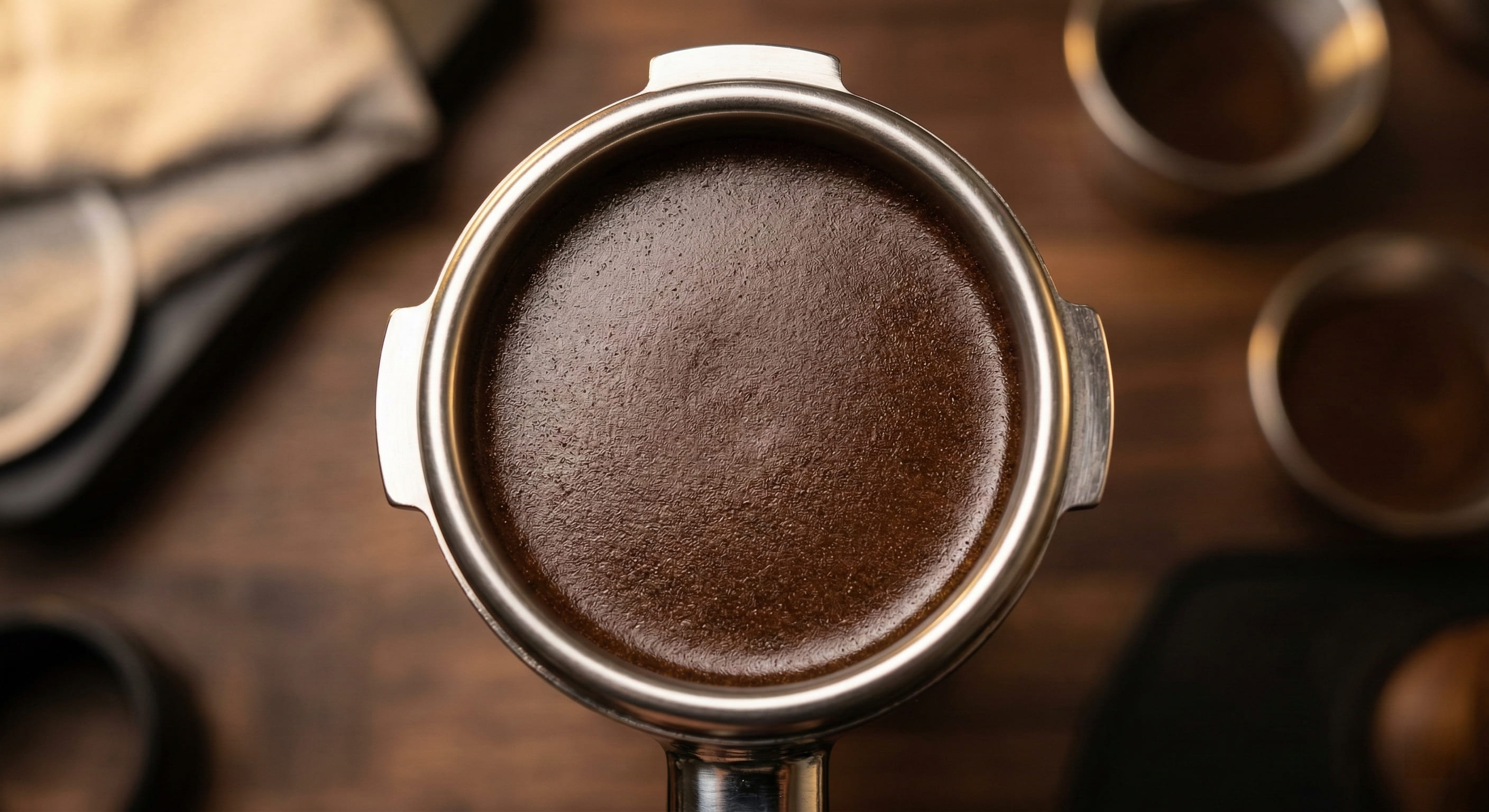 Overhead view of a tamped espresso puck inside a naked portafilter basket — smooth, flat, shiny surface indicating a level tamp with consistent pressure