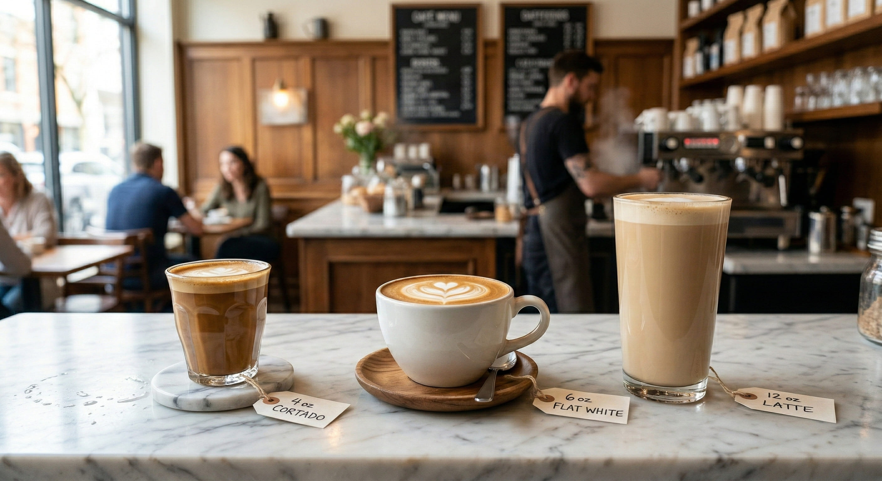 Side-by-side comparison of cortado coffee drink, flat white, and latte showing size and espresso-to-milk ratio differences — cortado vs flat white vs latte in clear glasses on café counter