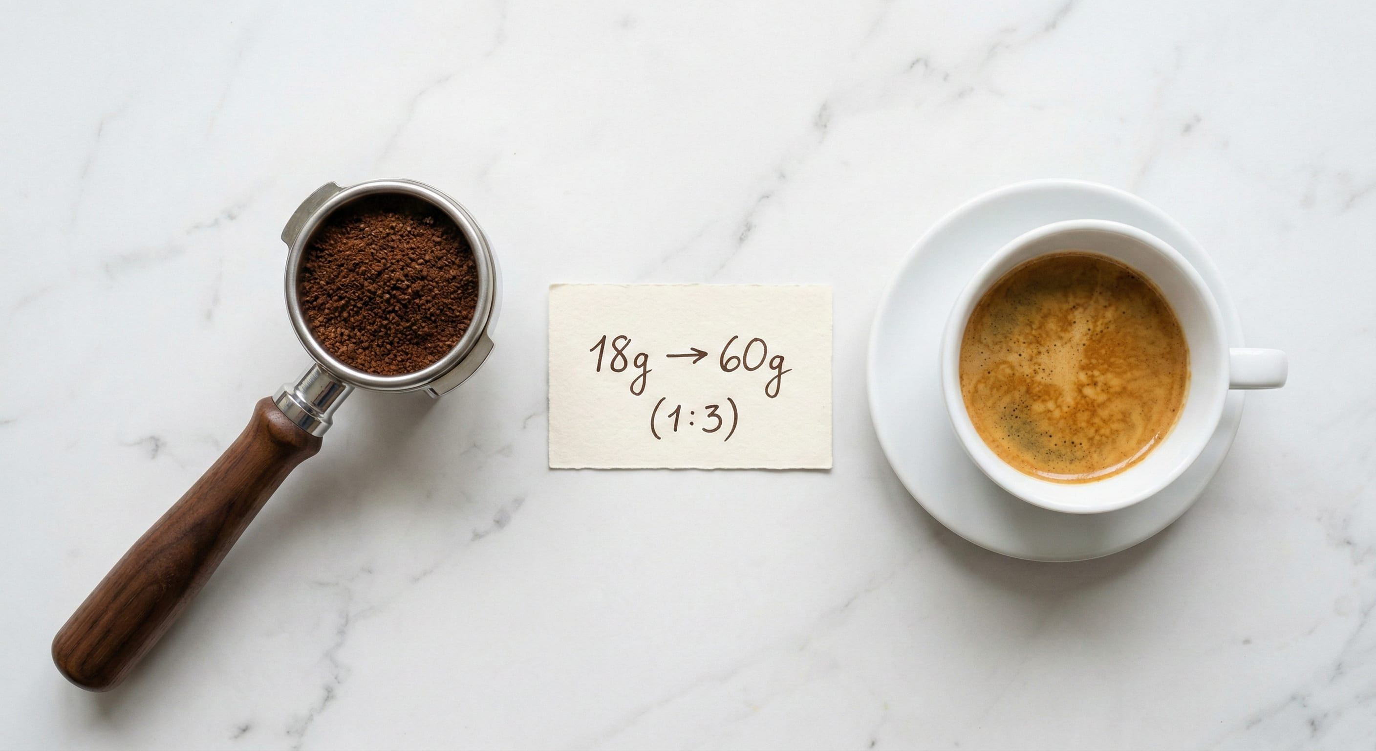 Lungo brew ratio diagram: 18g ground coffee in, 60g liquid out — the 1:3 long espresso shot recipe showing the yield difference versus standard espresso