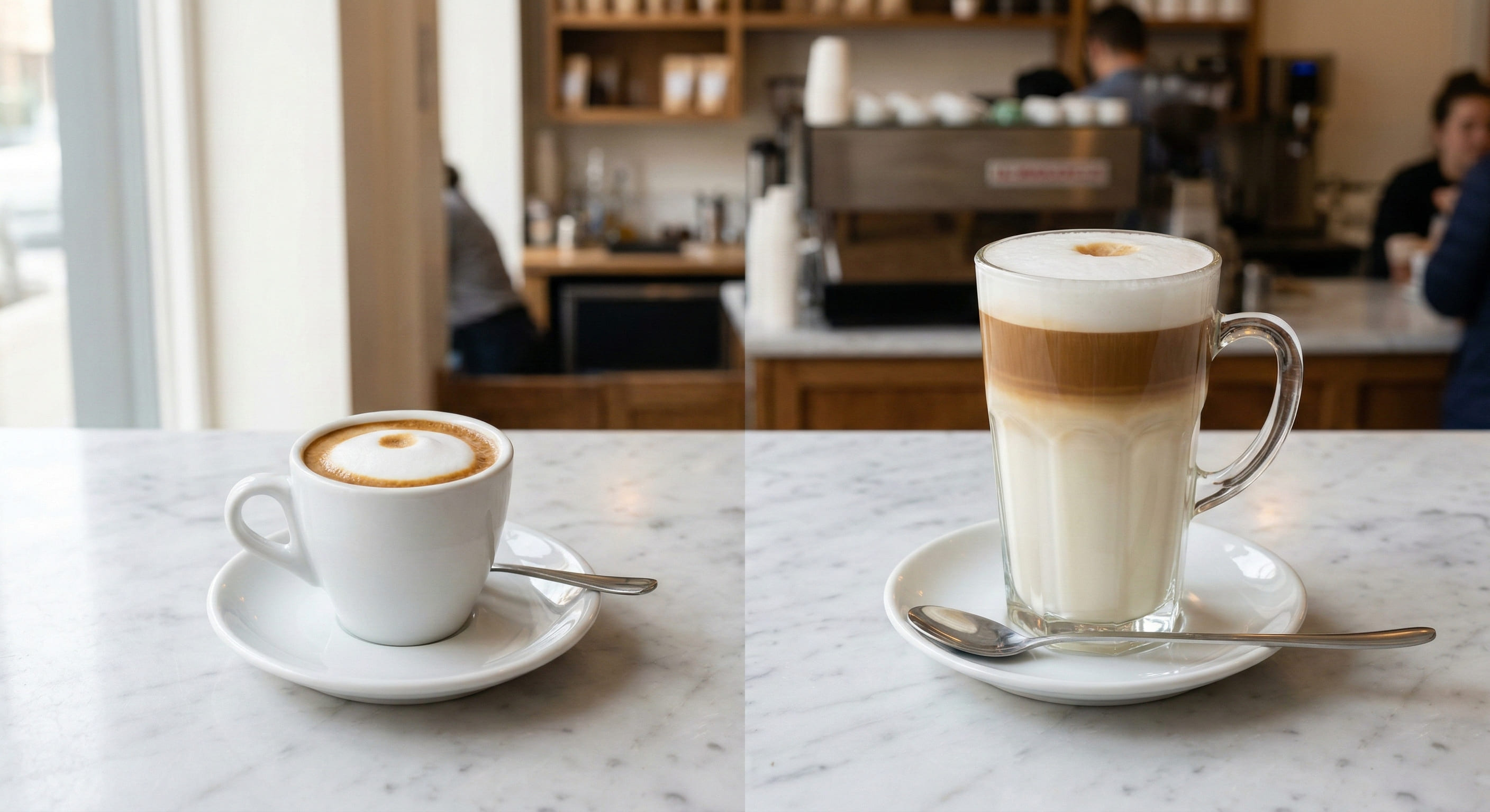 Side-by-side comparison of espresso macchiato in a small demitasse and latte macchiato in a tall glass showing the size and style contrast between the two drinks