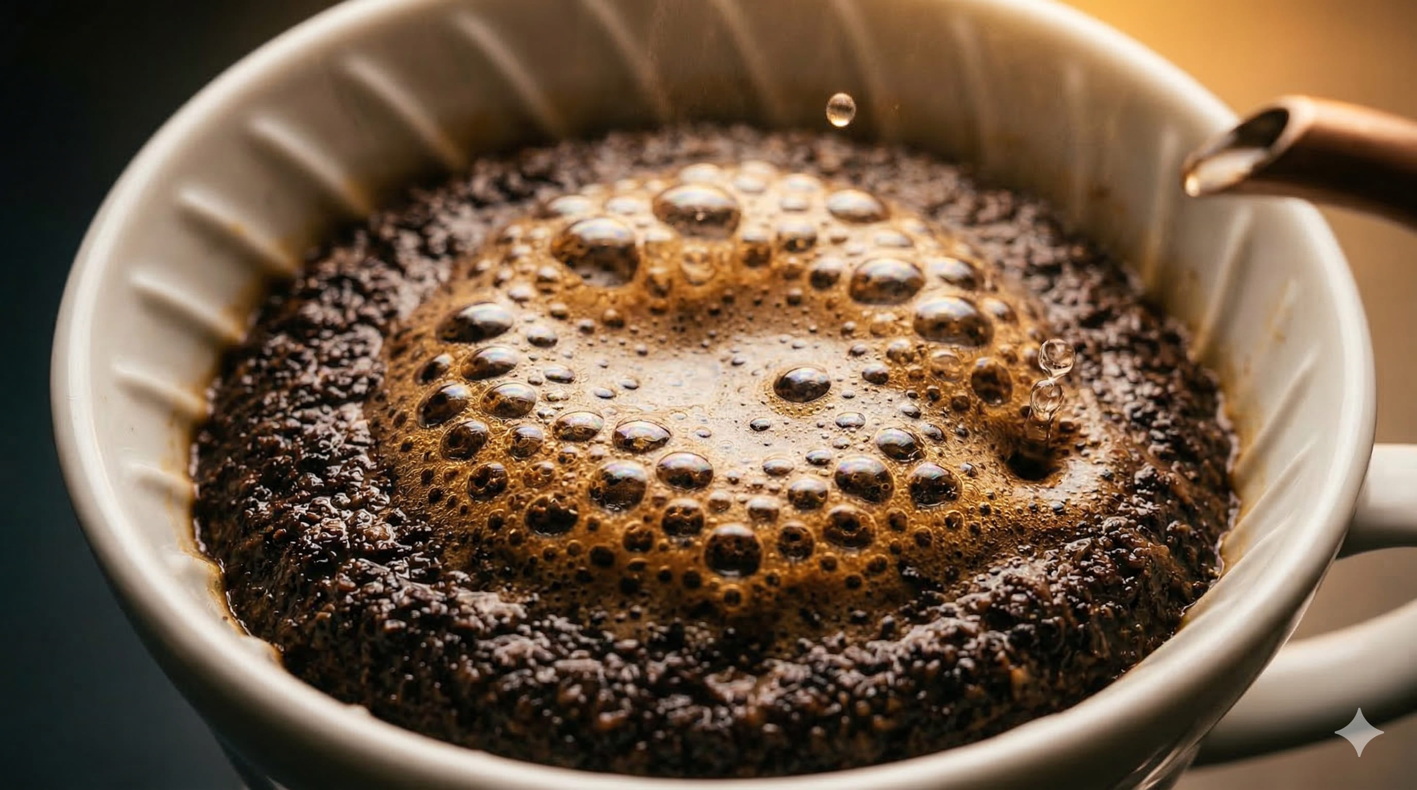 Close-up macro photograph of CO2 bubbles rising through saturated coffee grounds during the bloom phase — coffee degassing visible as the bed swells upward in a white ceramic dripper