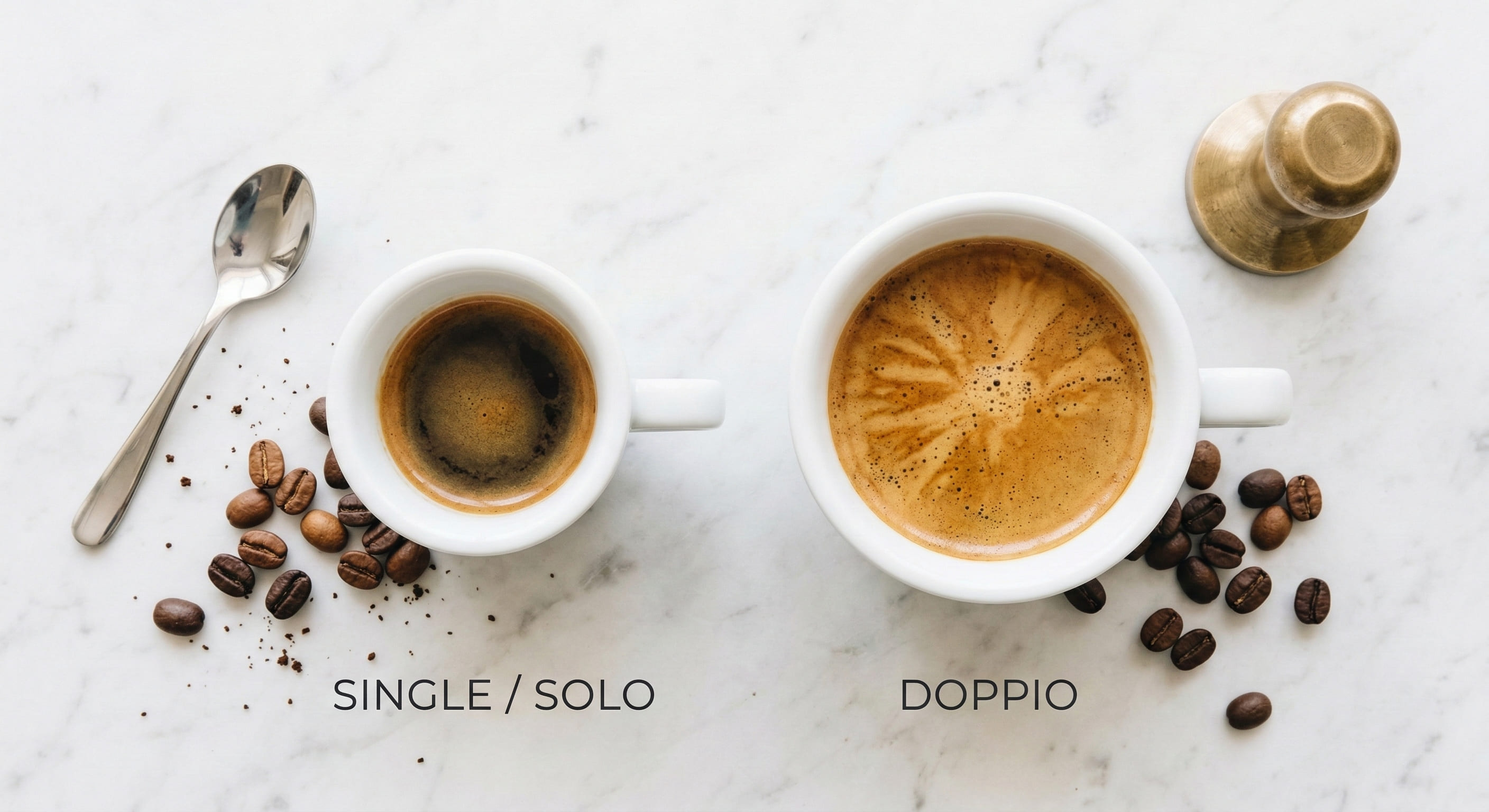 Doppio vs single shot comparison — two white espresso cups side by side showing the volume and crema difference between a double espresso doppio and a single solo shot