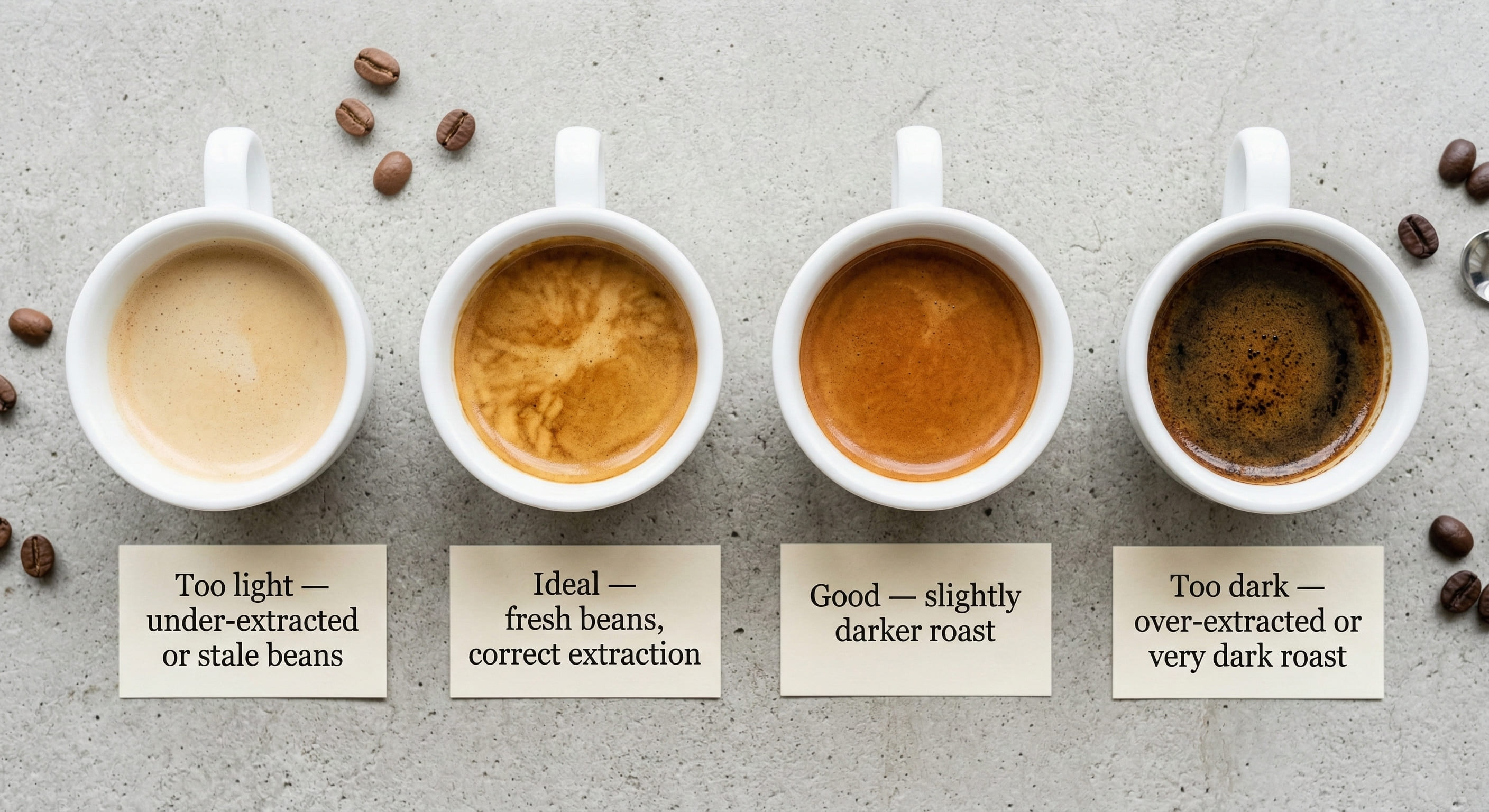 Espresso crema color guide showing the range from ideal golden-amber crema to under-extracted pale crema and over-extracted dark crema — a visual reference for crema quality