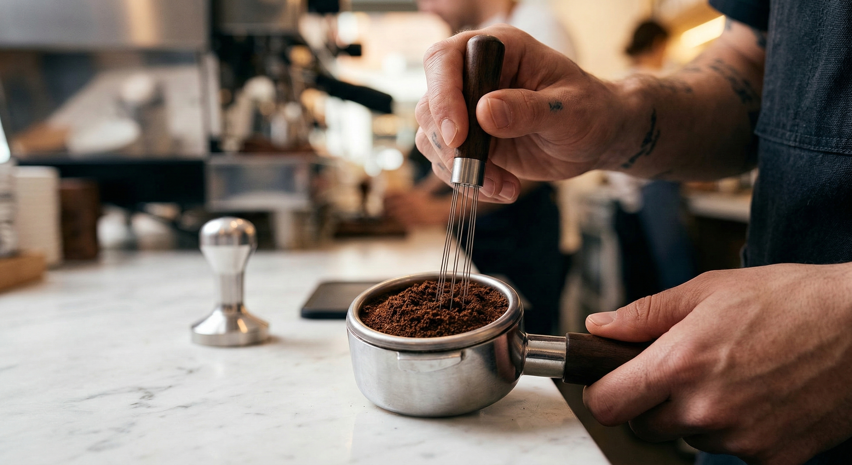 Barista distributing espresso grounds evenly in a portafilter basket with a distribution tool before tamping — proper espresso puck preparation technique for even extraction