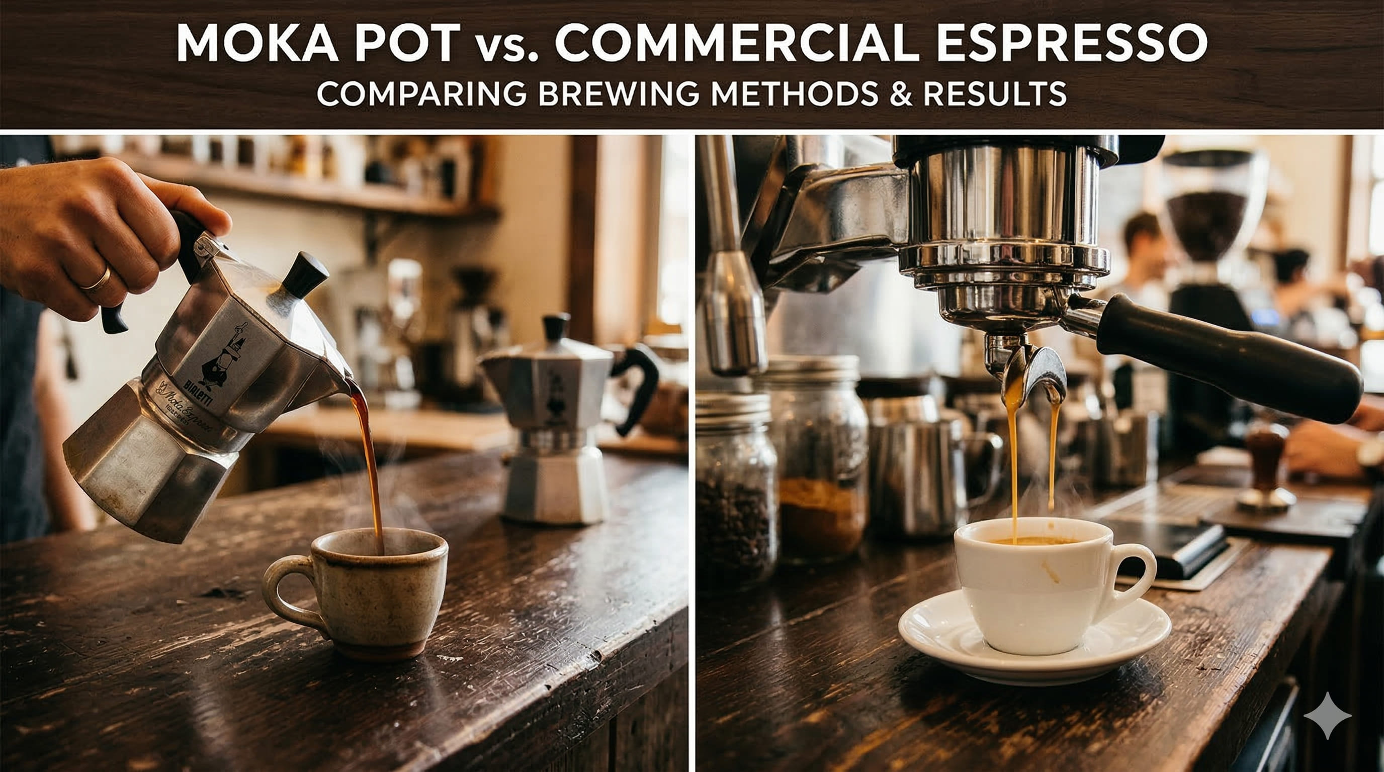 Side-by-side comparison showing a Bialetti Moka pot pouring dark coffee into a small ceramic cup on the left, and a professional espresso machine pulling a shot with golden crema on the right — moka pot vs espresso comparison