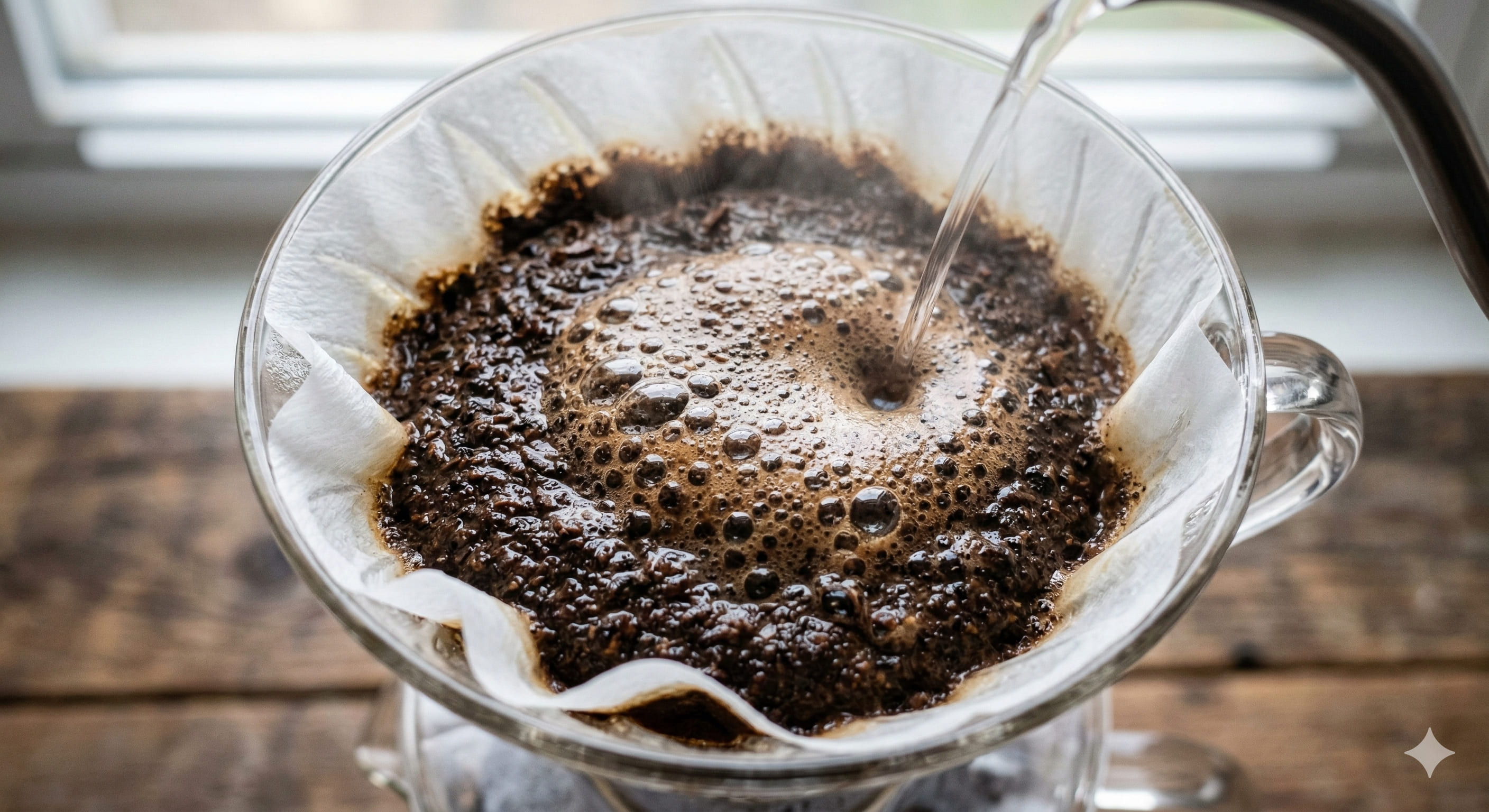 Close-up of the pour over bloom phase — coffee grounds rising and bubbling with CO2 gas during the 30-second pre-infusion of a Hario V60