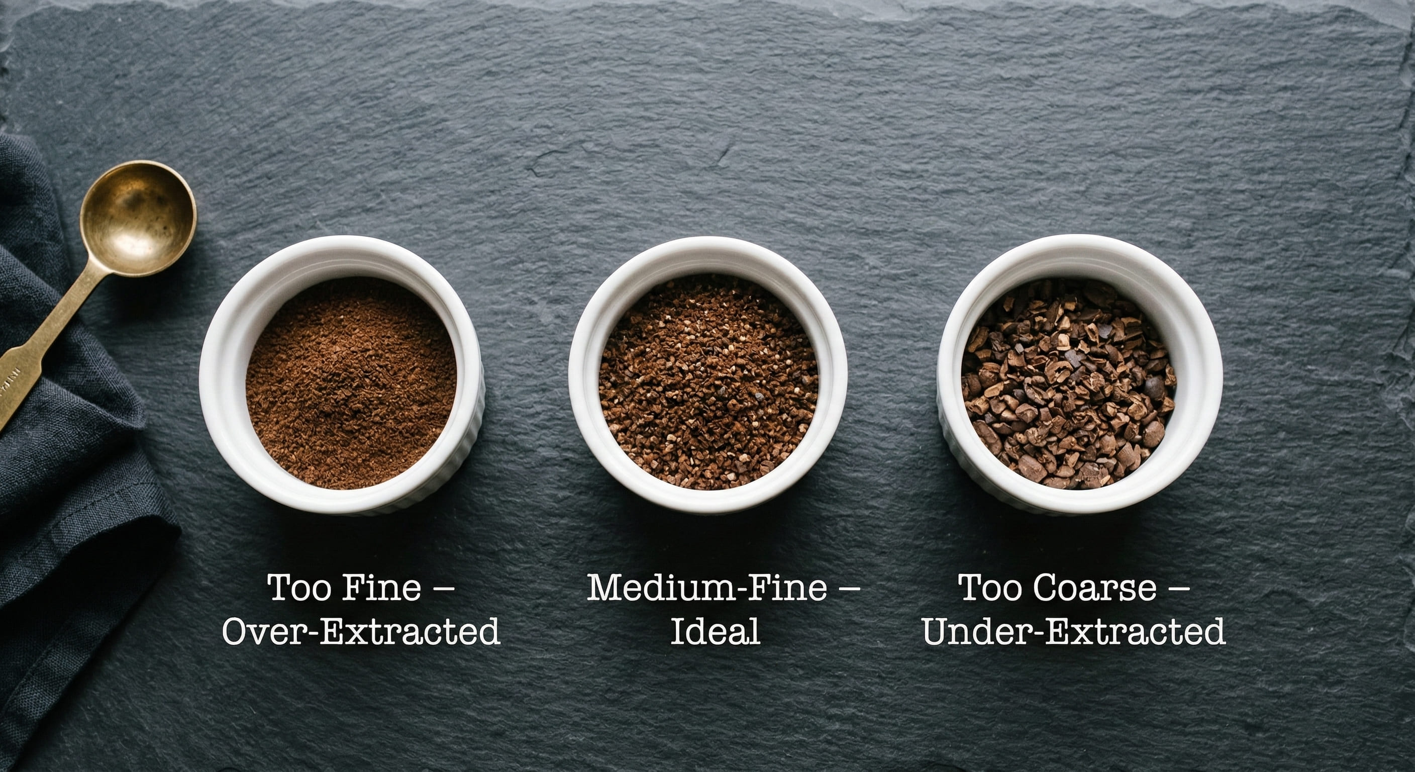 Side-by-side comparison of three grind sizes for pour over coffee: too fine (over-extraction), medium-fine (ideal), and too coarse (under-extraction) in white ceramic ramekins on a dark slate surface