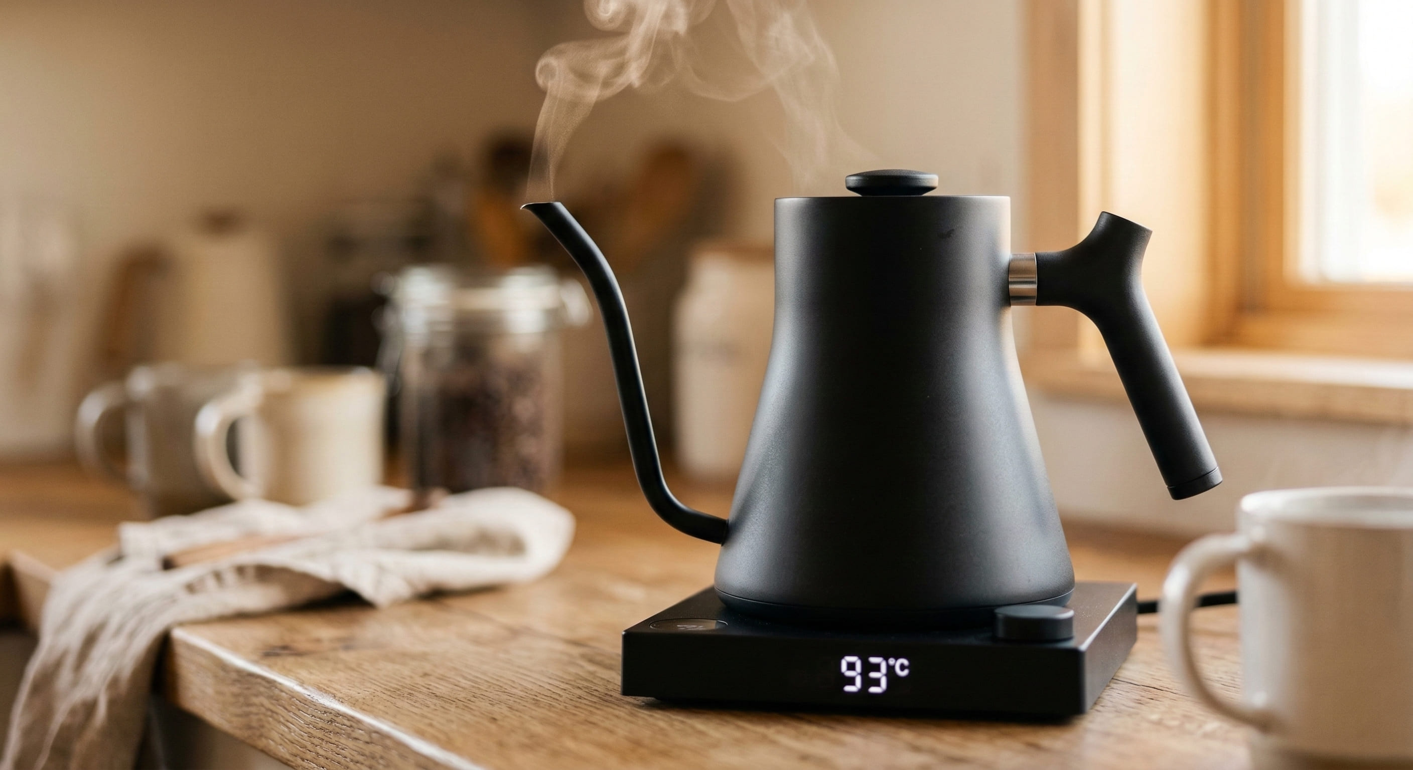 Variable-temperature gooseneck kettle with digital display showing 93°C — the ideal water temperature for light to medium roast pour over coffee