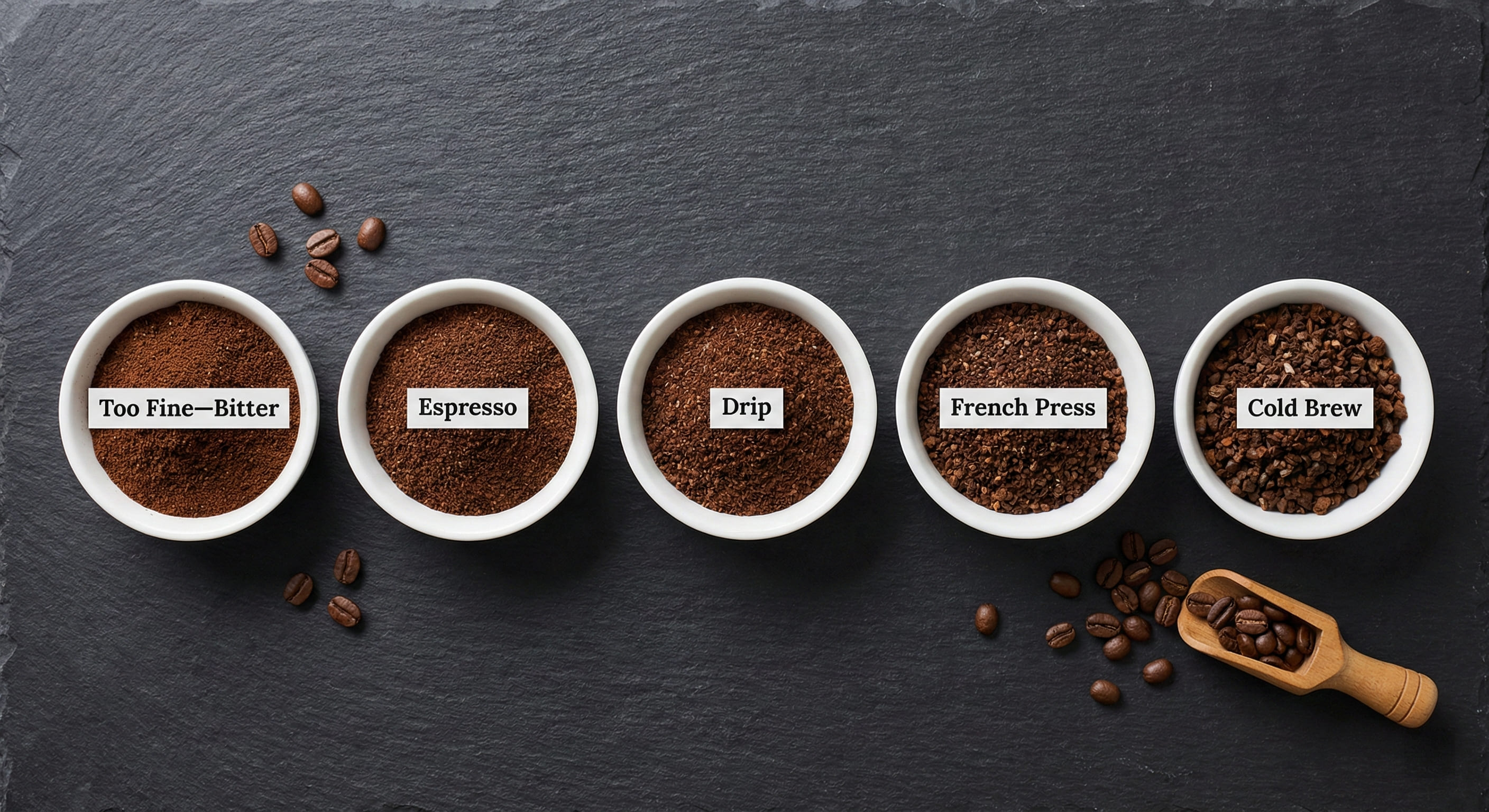 Five bowls showing coffee grind sizes from very fine to coarse: too fine causes bitter coffee, espresso grind for espresso machines, medium for drip coffee, coarse for French press, very coarse for cold brew—grind size impact on coffee extraction