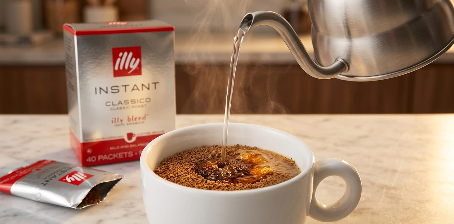 Espresso shot extraction from illy Classico beans showing golden-amber crema forming in white demitasse cup