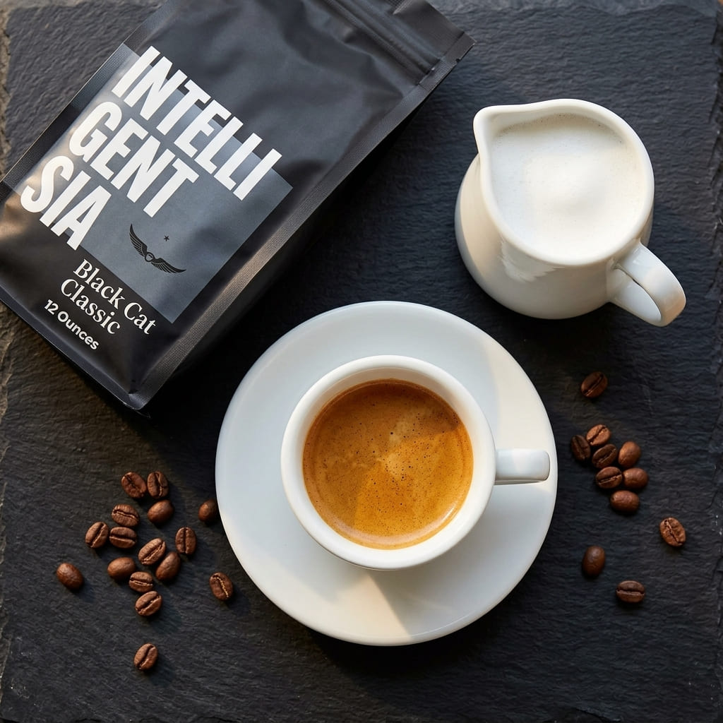 Intelligentsia Black Cat Classic espresso crema overhead view showing rich reddish-gold specialty blend crema in white demitasse cup
