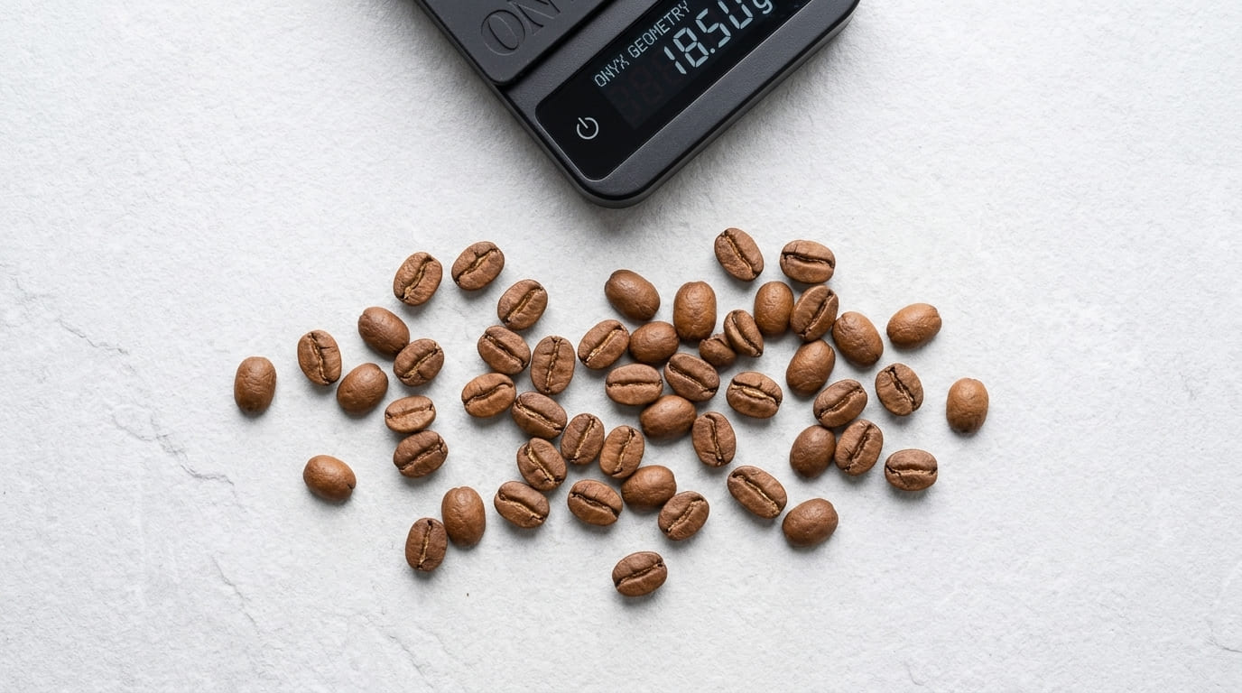 Onyx Coffee Lab Geometry espresso beans close-up showing medium-light roast Arabica beans with warm chestnut colour on grey slate