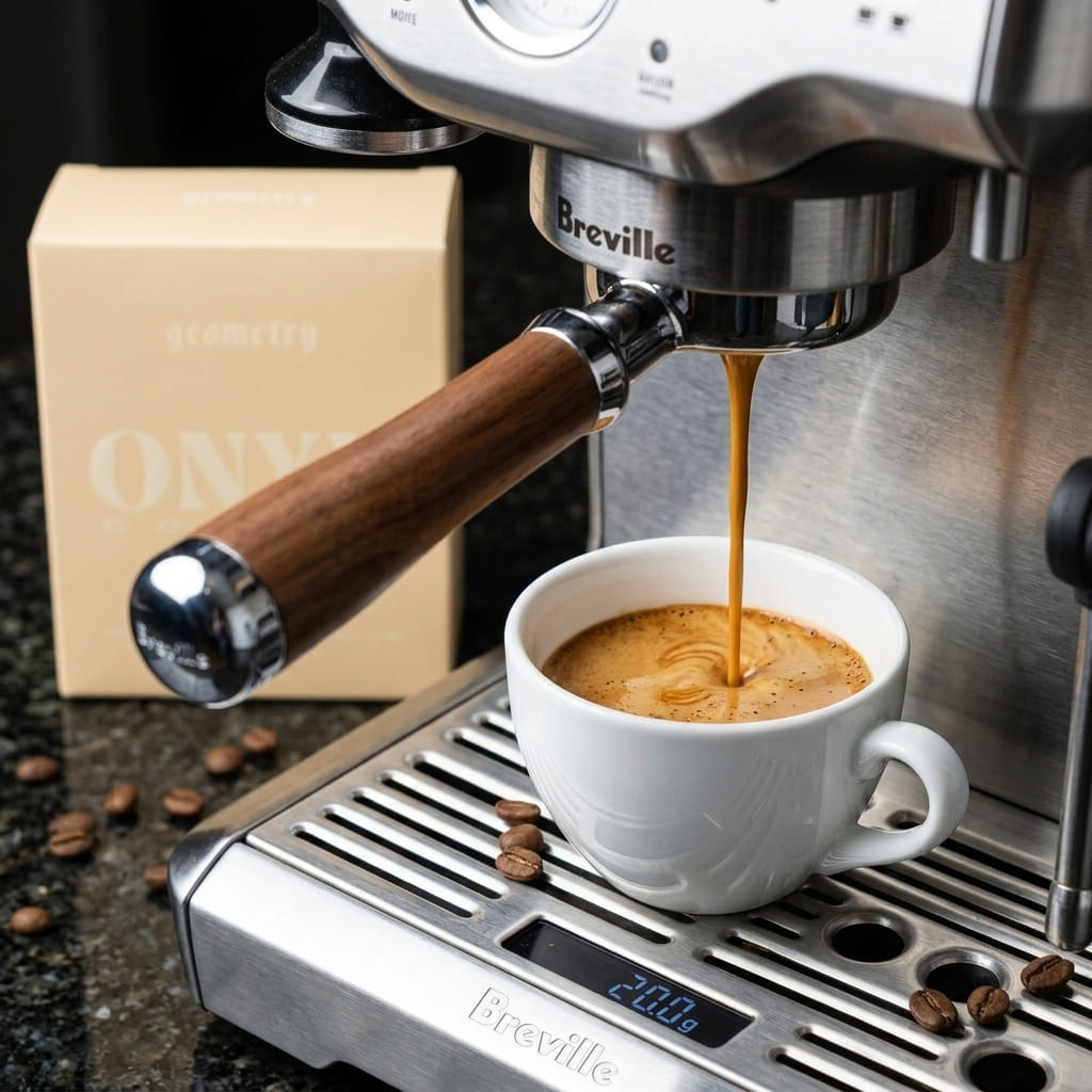 Espresso extraction from Onyx Coffee Lab Geometry beans through naked portafilter showing reddish-gold tiger-stripe crema forming