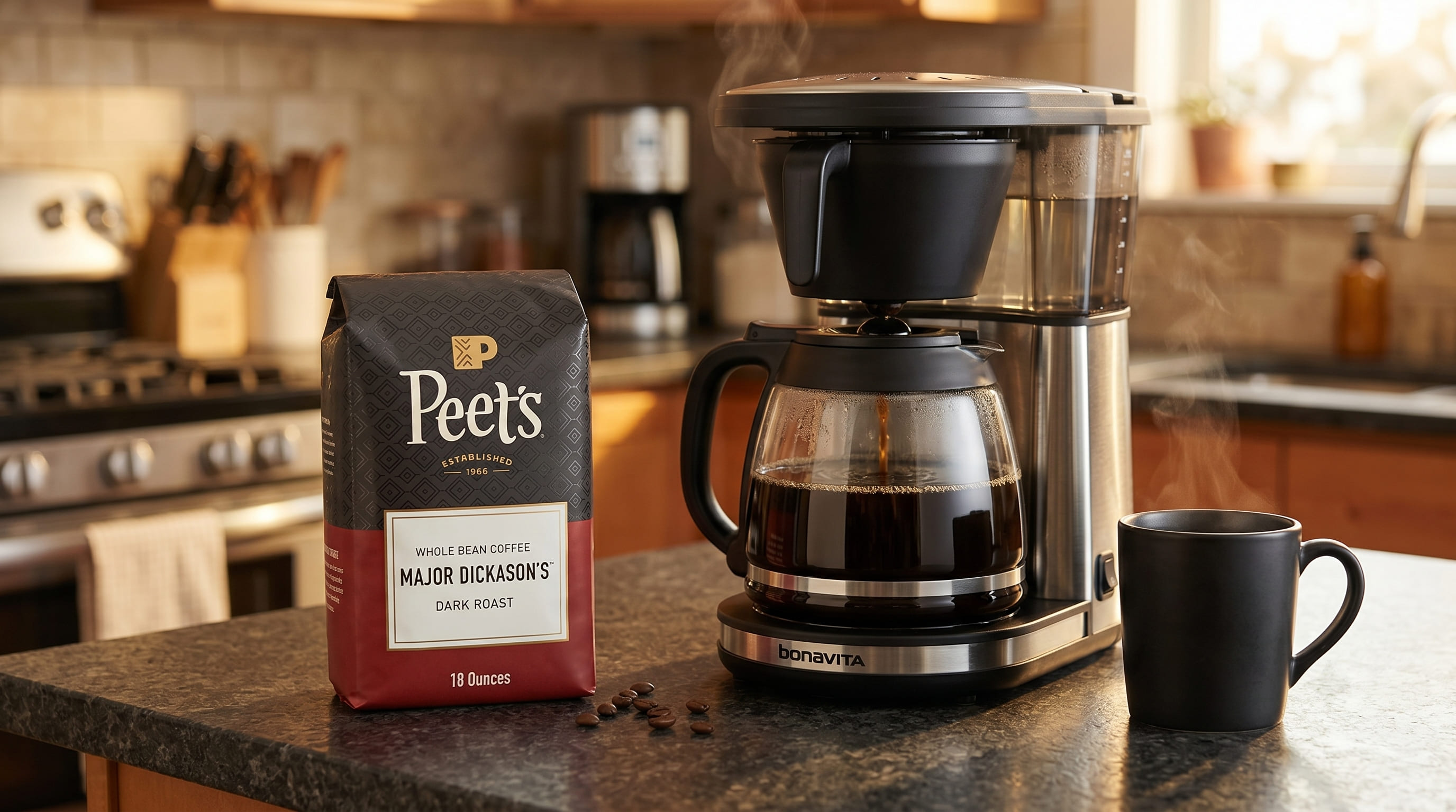 Peet's Coffee Dark Roast brewing in a drip coffee maker — dark, rich coffee filling a glass carafe